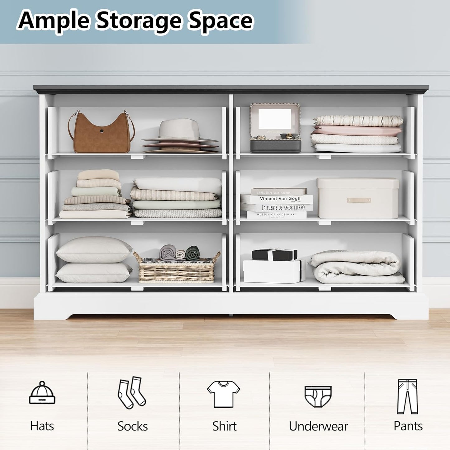 6 Drawer Dresser for Bedroom, 53" Wide Wooden Chest of Drawers, Rustic Farmhouse Dresser with Large Drawers & Metal Handles, Modern Storage Organizer for Closet, Living Room, Hallway, White