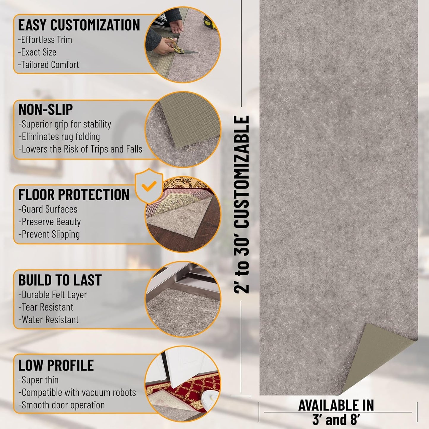 Ottomanson 8' x 8' Non-Slip Rug Pad Gripper 1/4 Inch Thick Dual Surface Felt + Rubber Gripper - Safe for All Floors, Brown