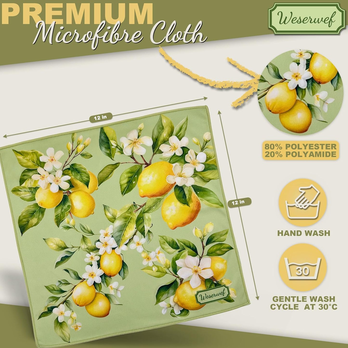 WESERWEF Design Microfiber Glasses Cleaning Cloth – Premium Cleaning Cloth for Eyeglasses, Screens, Tablets, Cameras & Lenses, 12" x 12", Ultra-Soft & Scratch-Free (Lemon)