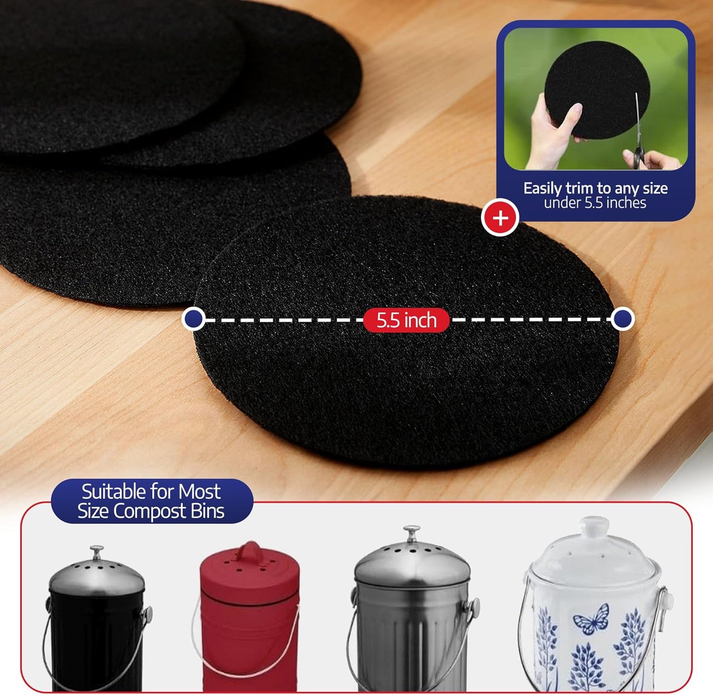 BioStrike -Activated Carbon Filter Odor Absorbers for Kitchen Compost Bins - Extra Thick 5.5 inch Compost Bucket Charcoal Filters - Odor Control for Countertop Pails - Made in USA (6 Count)