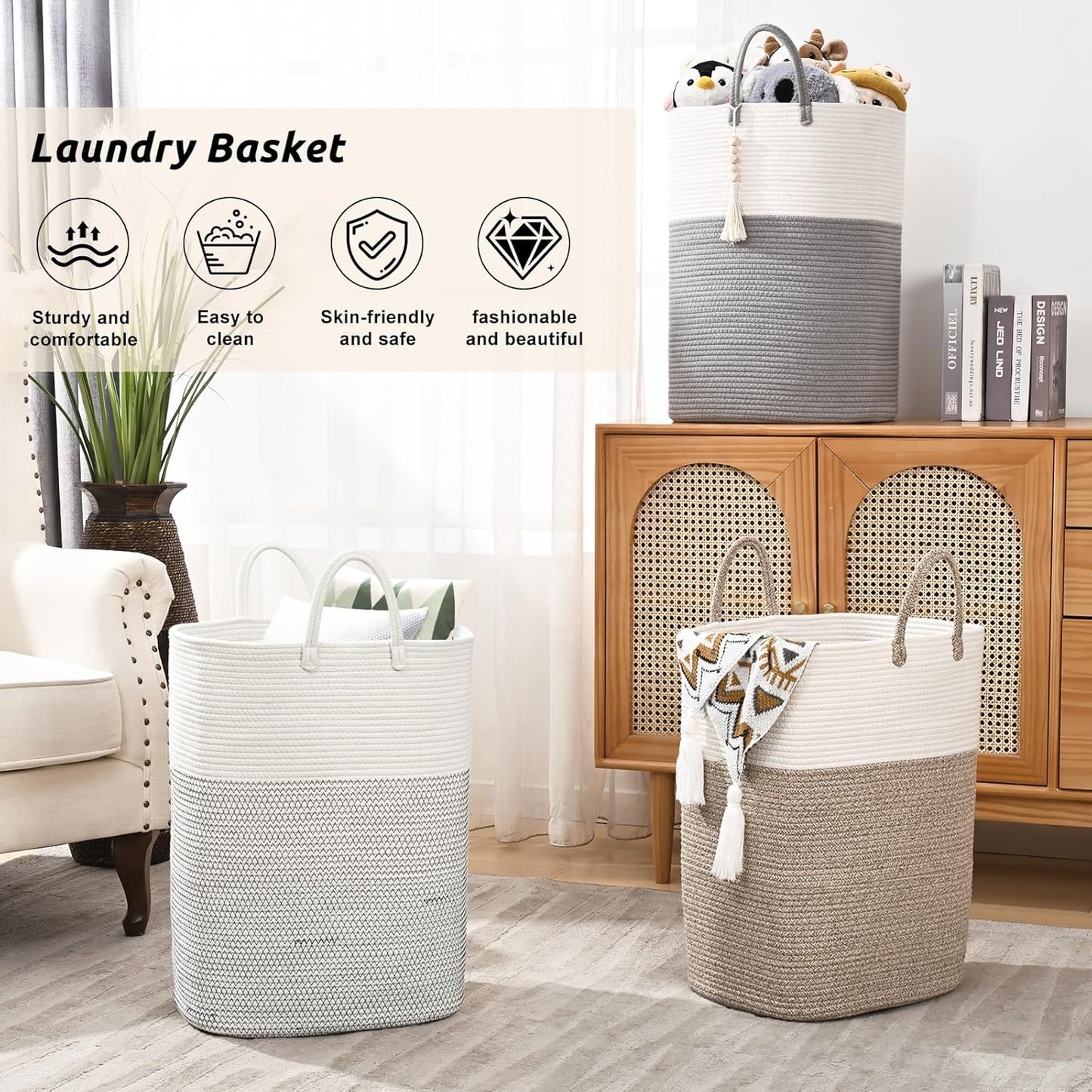 Woven Laundry Basket for Clothes, 80L Large Rectangle Laundry Hampers with Beads Tassel, Nursery Storage Basket for Toys, Tall Dirty Clothes Hamper for Bedroom Aesthetic, Laundry Room Organization