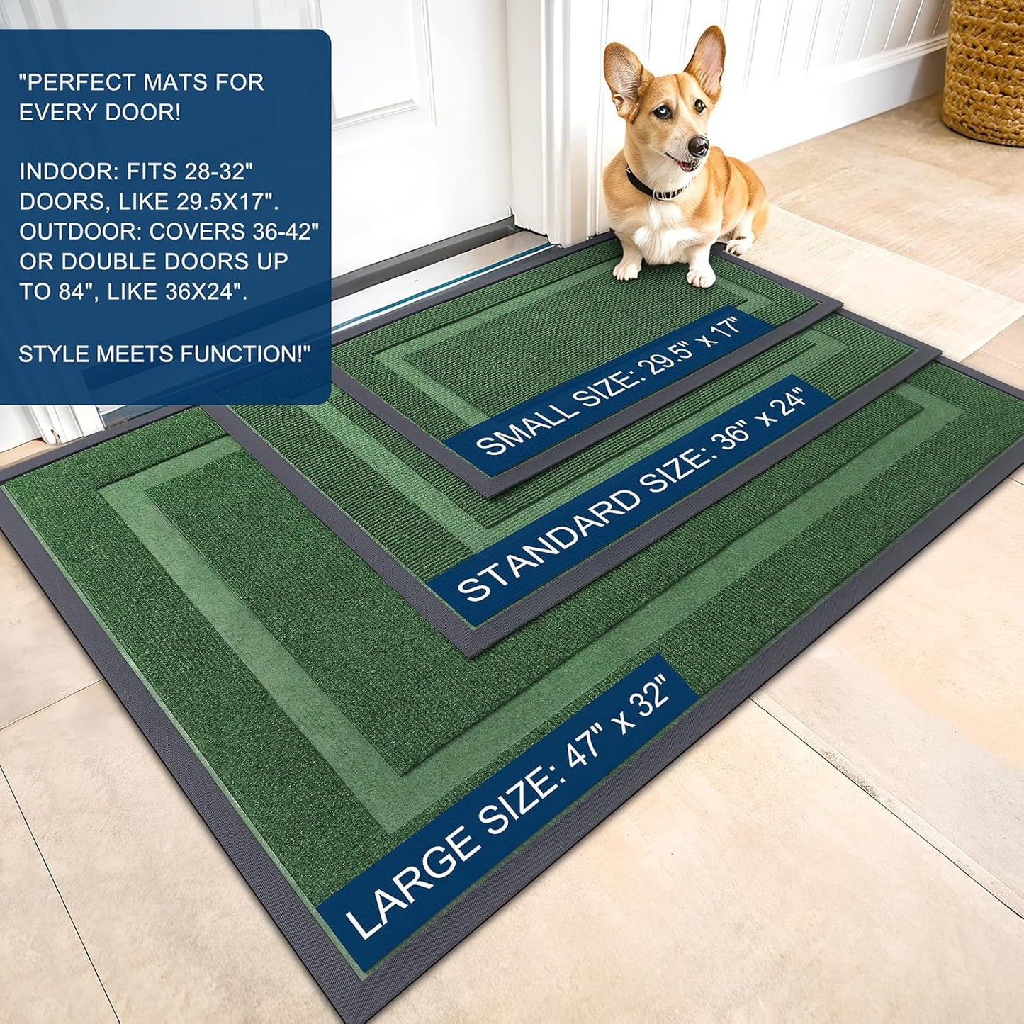 OLANLY Front Door Mat Indoor Outdoor Entrance, Waterproof All-Season, All-Weather Doormat, Sturdy Natural Rubber, Fade Resistant, Low Profile, Easy Clean Patio Porch Entryway Mat, 47x32, Green
