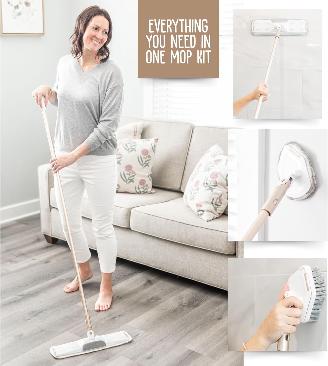 Quick Shine Ultimate Gold Clean + Polish Mop Kit | All-in-One 10 Pc Kit w/Interchangeable Attachments | Floor Polish Included | No Batteries Needed | Pro Cleaning for Hardwood Floors | 2-in-1 Mop