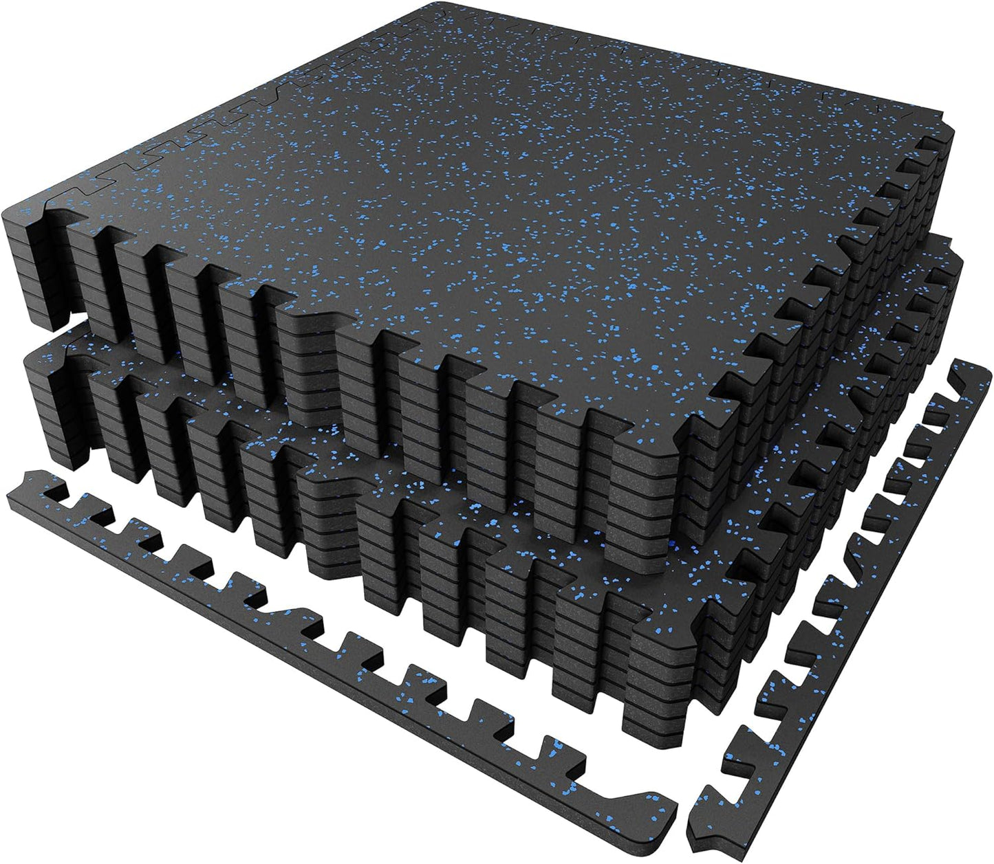PRAISUN 0.6" Thicker Gym Mat, 12 Tiles 48 Sq Ft Workout Mats, Interlocking Foam Tiles with Rubber Top, High Density EVA Foam, Exercise Mat, Gym Flooring for Home Gym, Garage, 24 x 24in, Black/Blue