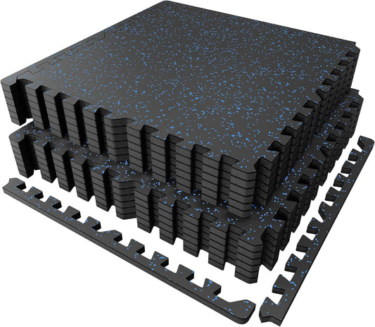 PRAISUN 0.6" Thicker Gym Mat, 12 Tiles 48 Sq Ft Workout Mats, Interlocking Foam Tiles with Rubber Top, High Density EVA Foam, Exercise Mat, Gym Flooring for Home Gym, Garage, 24 x 24in, Black/Blue