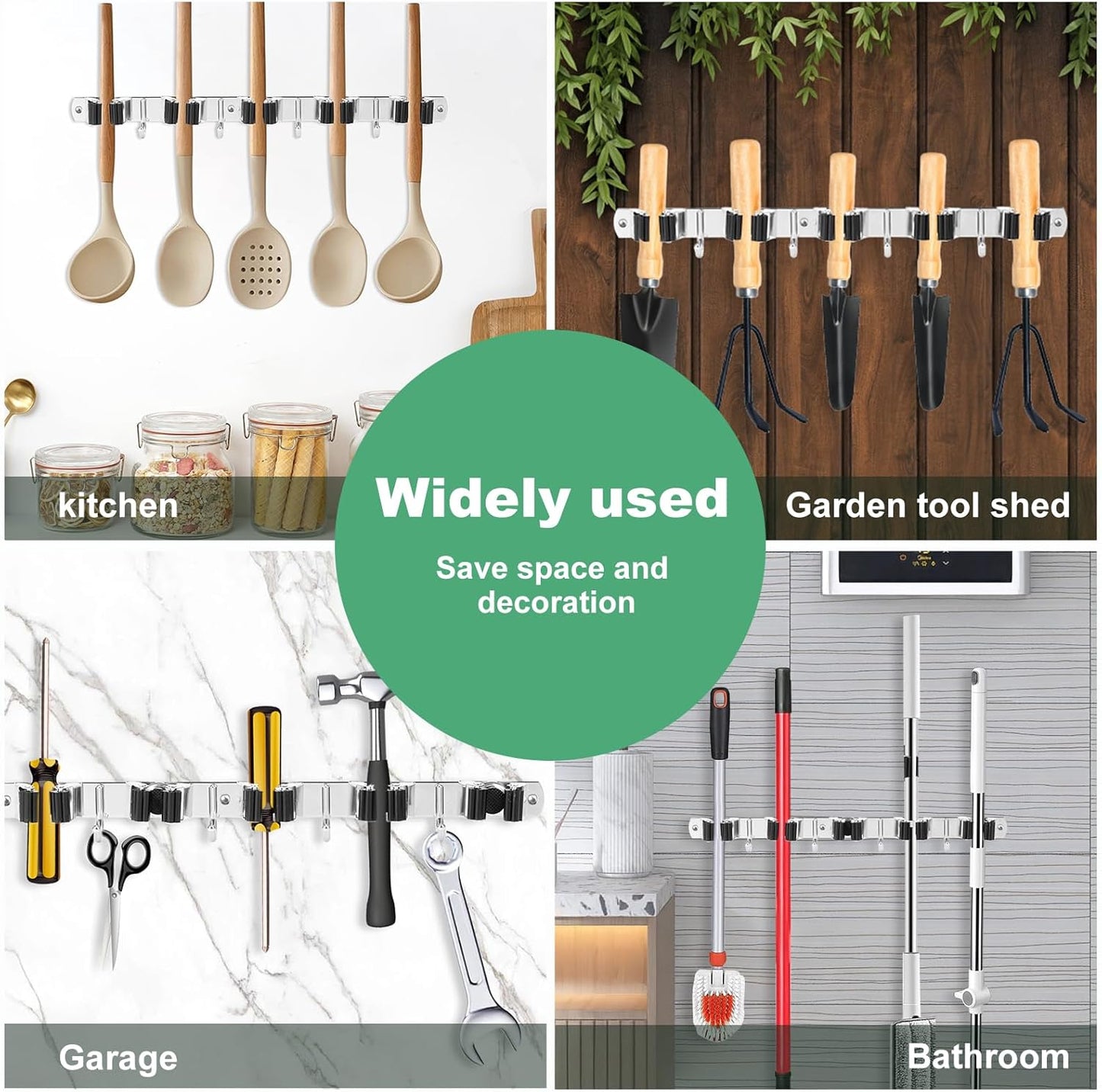 3Pcs 5 Racks 4 Hooks Stainless Steel Broom Mop Holder Anti Slip Wall Mount Broom Storage Rack Strong Load Bearing Waterproof Mop Broom Organizer for Bathroom Kitchen Garage