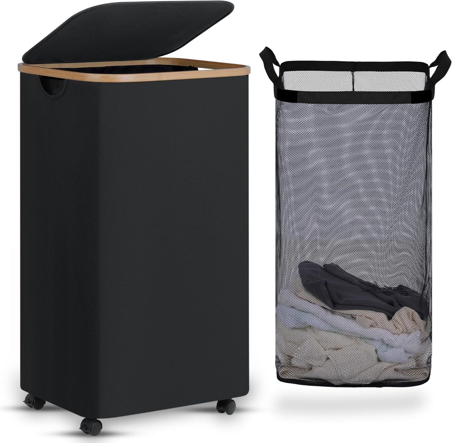 efluky Laundry Basket with Wheels, Tall Rolling Laundry Hamper with Lid and Removable Bag, Aesthetic Dirty Clothes Hamper on Wheels for Laundry Room, Bedroom, Dorm and Bathroom, 100L Black