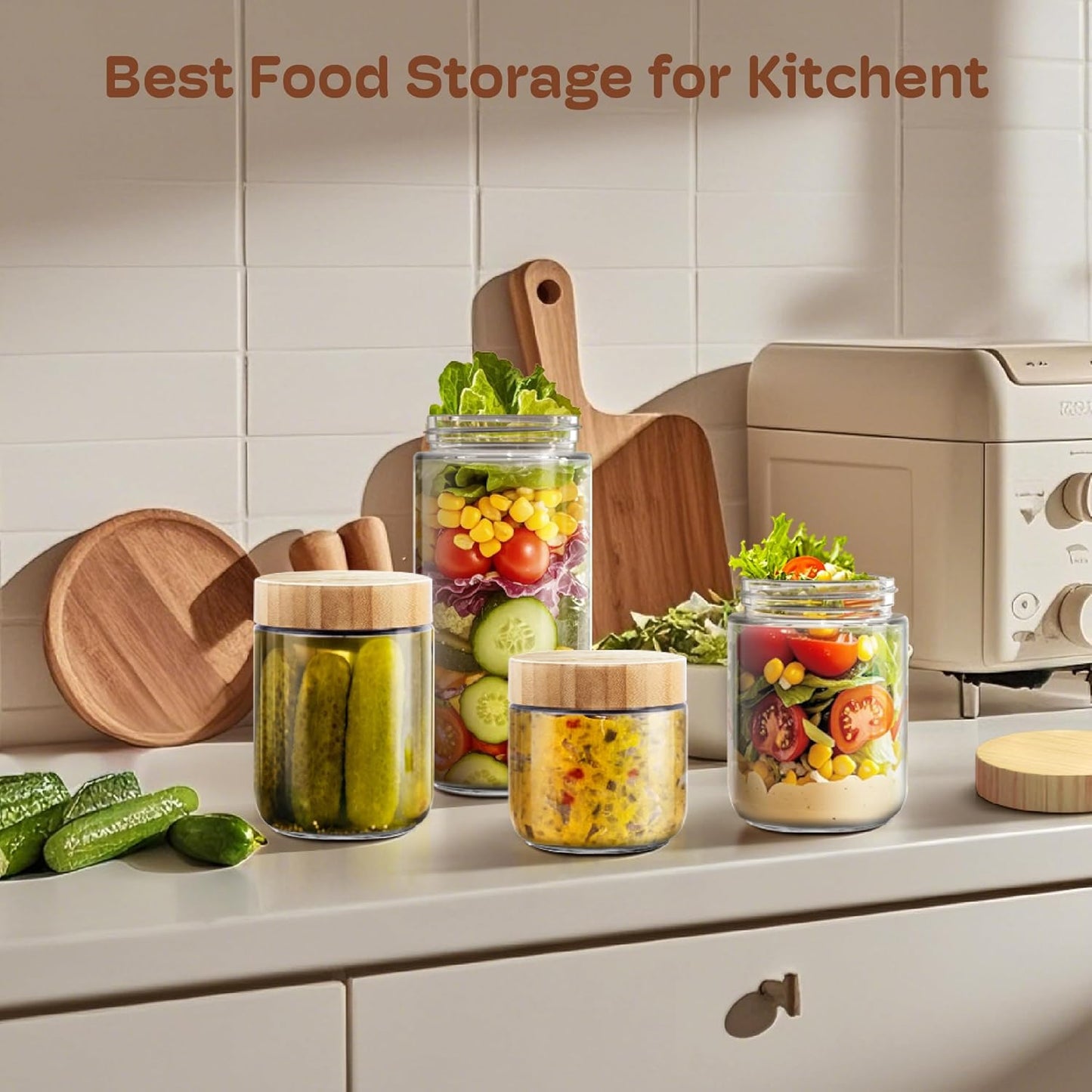 6 pack 24oz Overnight Oats Containers with Bamboo Lids, Glass Jars with Airtight Lids for Meal Prep, Wide Mouth Mason Salad Jars, Glass Food Storage Container for Yogurt Chia Snacks Spice Sugar