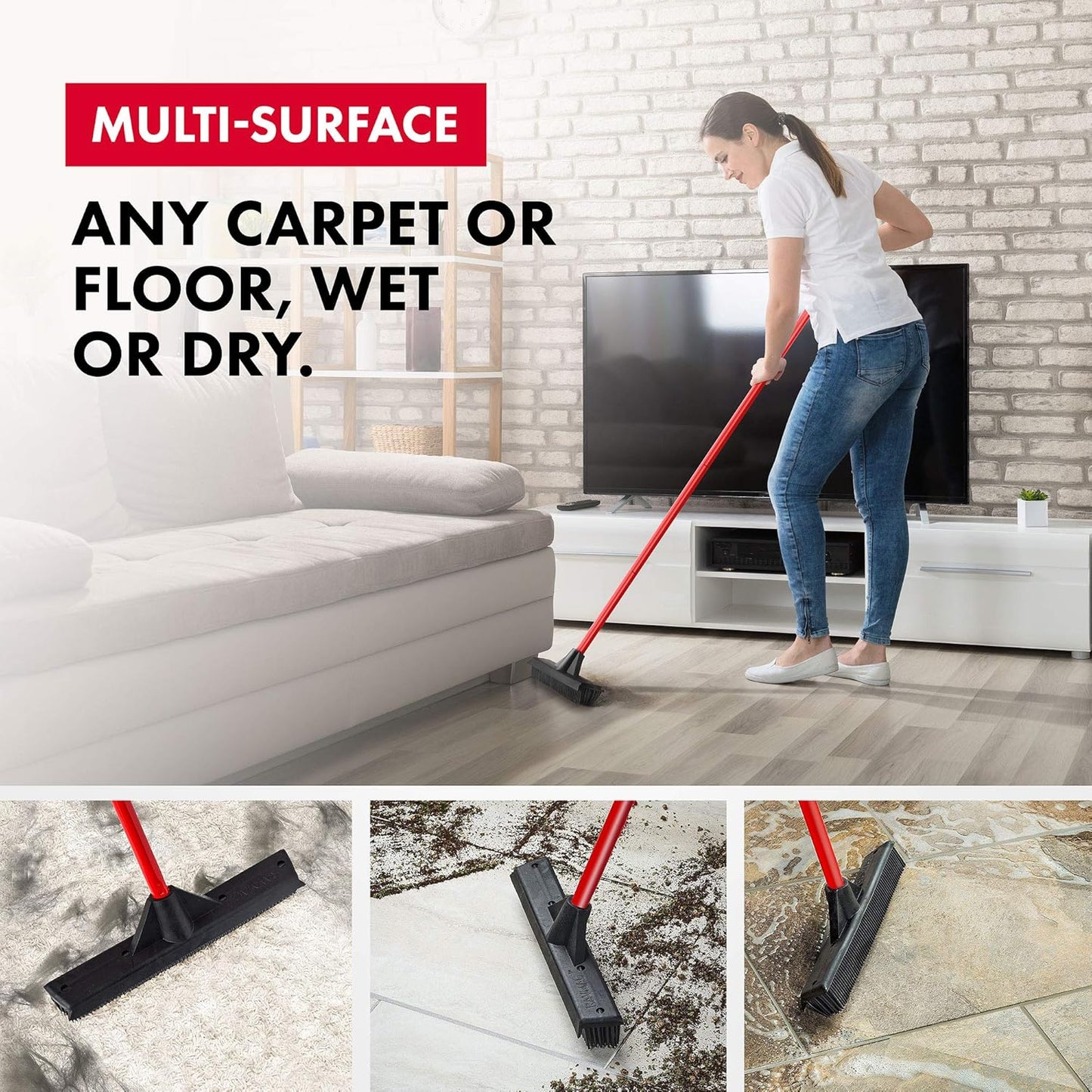 Pet Hair Remover Rubber Broom with Built in Squeegee - Carpet Rake for Pet Hair Removal on Hardwood Floor, Carpet & Tile - Picks Up More Dust & Debris - Rinse to Clean