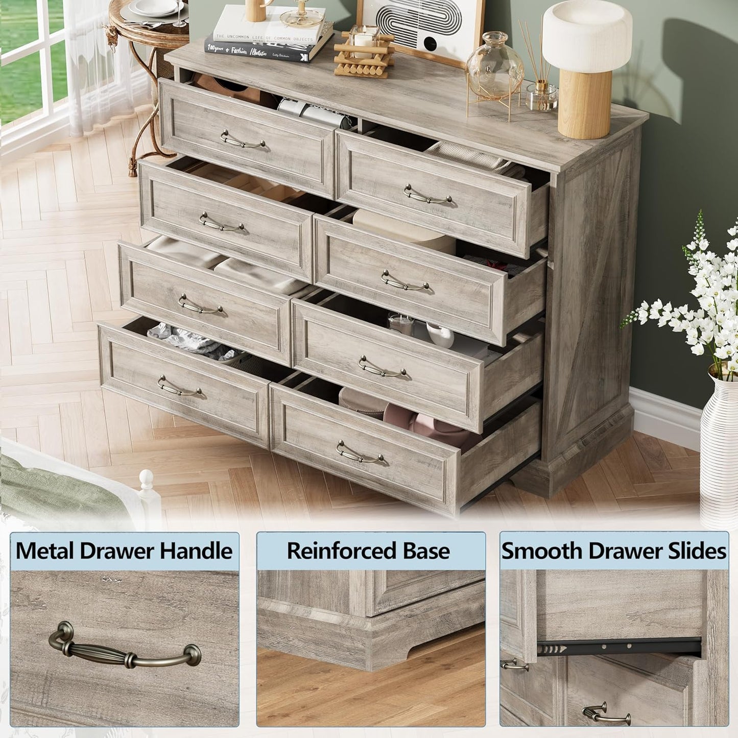 8 Drawer Dresser for Bedroom, 47" Wide Wooden Chest of Drawers, Rustic Farmhouse Dresser with Large Drawers & Metal Handles, Modern Storage Organizer for Closet, Living Room, Hallway, Grey