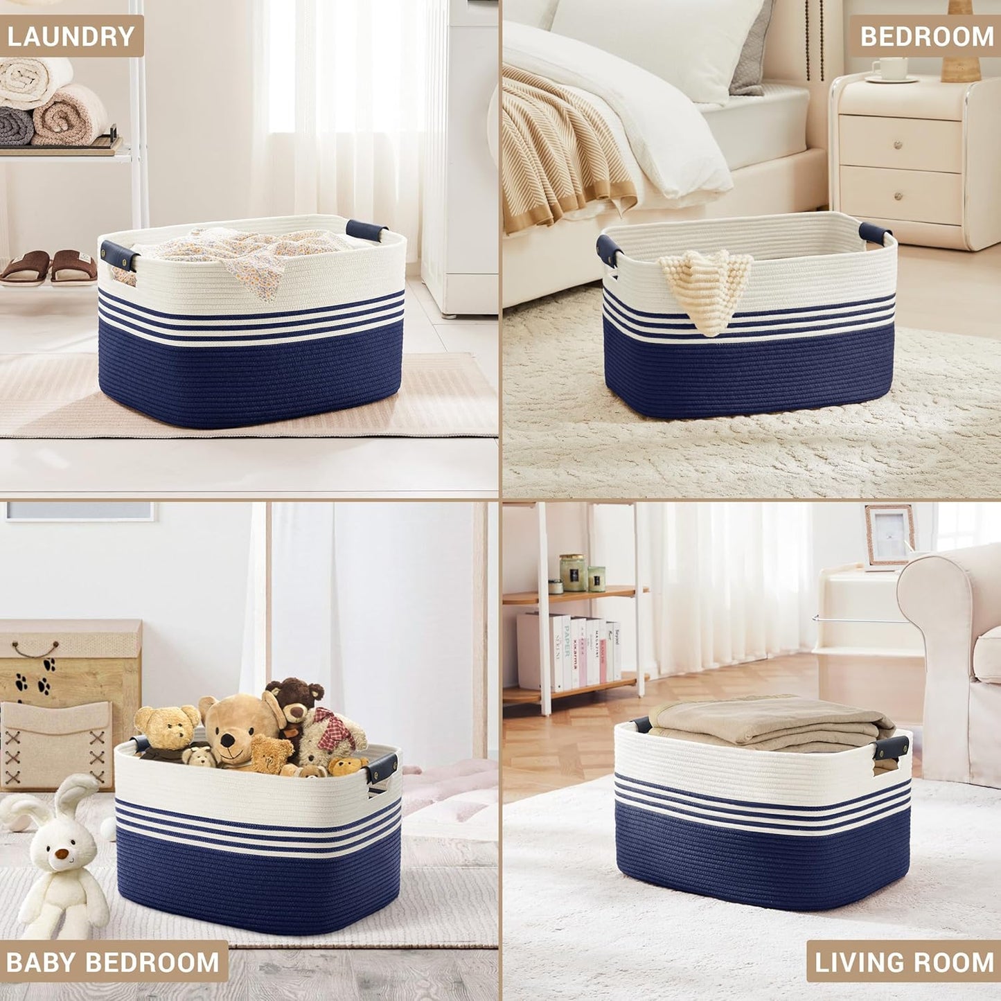 72L Large Laundry Basket with Leather Handles for Living Room Storage, Woven Rope Baskets Bin for Blanket, Kids Toy, Gifts, Wicker Hamper for Bedroom Dirty Clothes, 22"x17"x12" White Navy