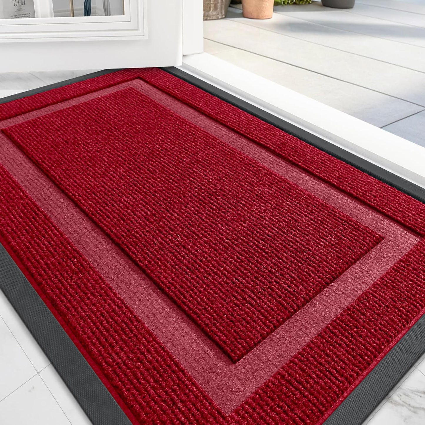 OLANLY Front Door Mat Indoor Outdoor Entrance, Waterproof All-Season, All-Weather Doormat, Sturdy Natural Rubber, Fade Resistant, Low Profile, Easy Clean Patio Porch Entryway Mat, 36x24, Wine Red