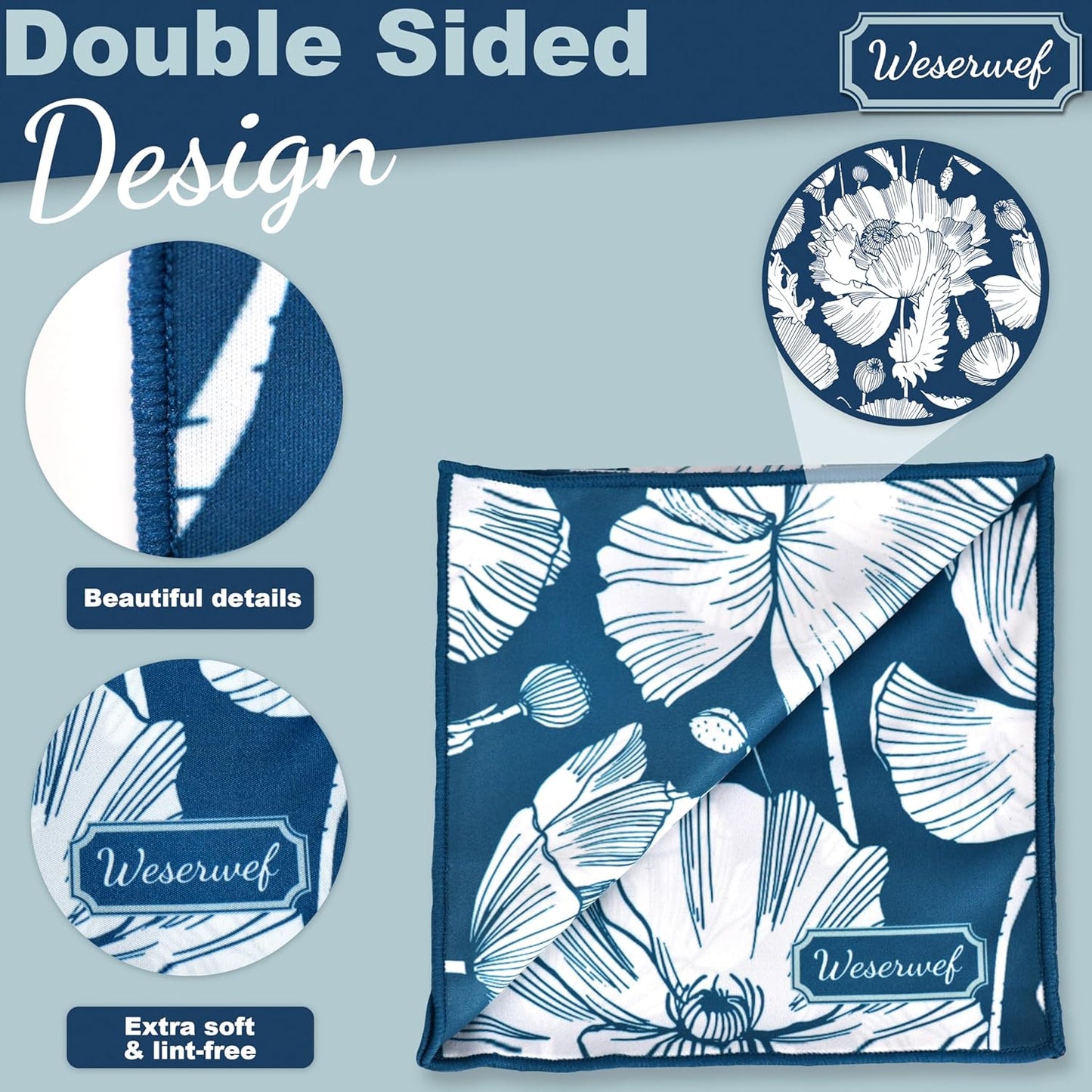 WESERWEF Design Microfiber Glasses Cleaning Cloth – Premium Cleaning Cloth for Eyeglasses, Screens, Tablets, Cameras & Lenses, 12" x 12", Ultra-Soft & Scratch-Free (Blue Poppies)