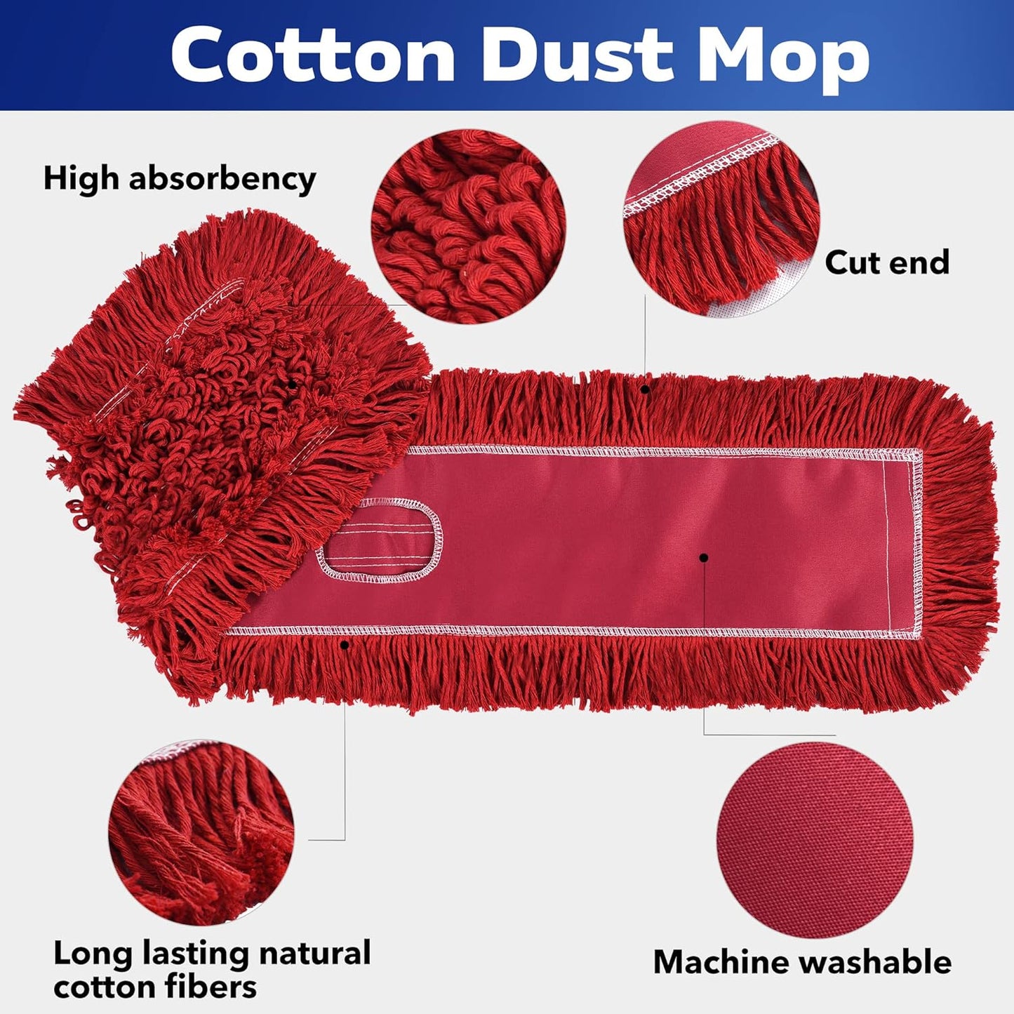 Matthew Cleaning 36'' Industrial Strength Cotton Dust Mop Refill Washable Replacement Heads for Residential & Commercial Use Fit Standard Dust Mop Frames, Hardwood, Concrete Floors Red 6 Pack