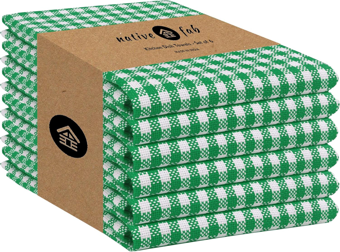Native Fab 6 Pack Kitchen Towel with Hanging Loop 16x26 inches, Cotton Gingham Check Kitchen Towels for Drying Dishes, Soft & Absorbent Washcloths, Dish Cloth, Green White