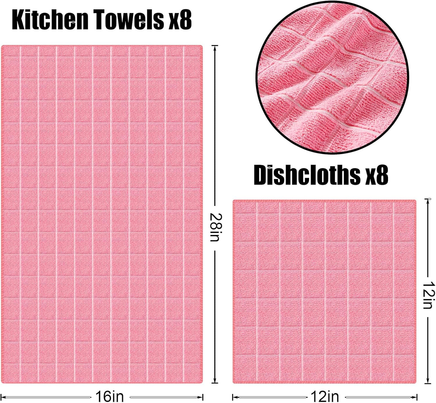 Homaxy Microfiber Kitchen Towels and Dishcloths Set, 16 Pack Soft and Absorbent Dish Hand Towels Bulk, 28 x 16 Inch & 12 x 12 Inch Quick Drying Rags for Washing Dishes, Pink