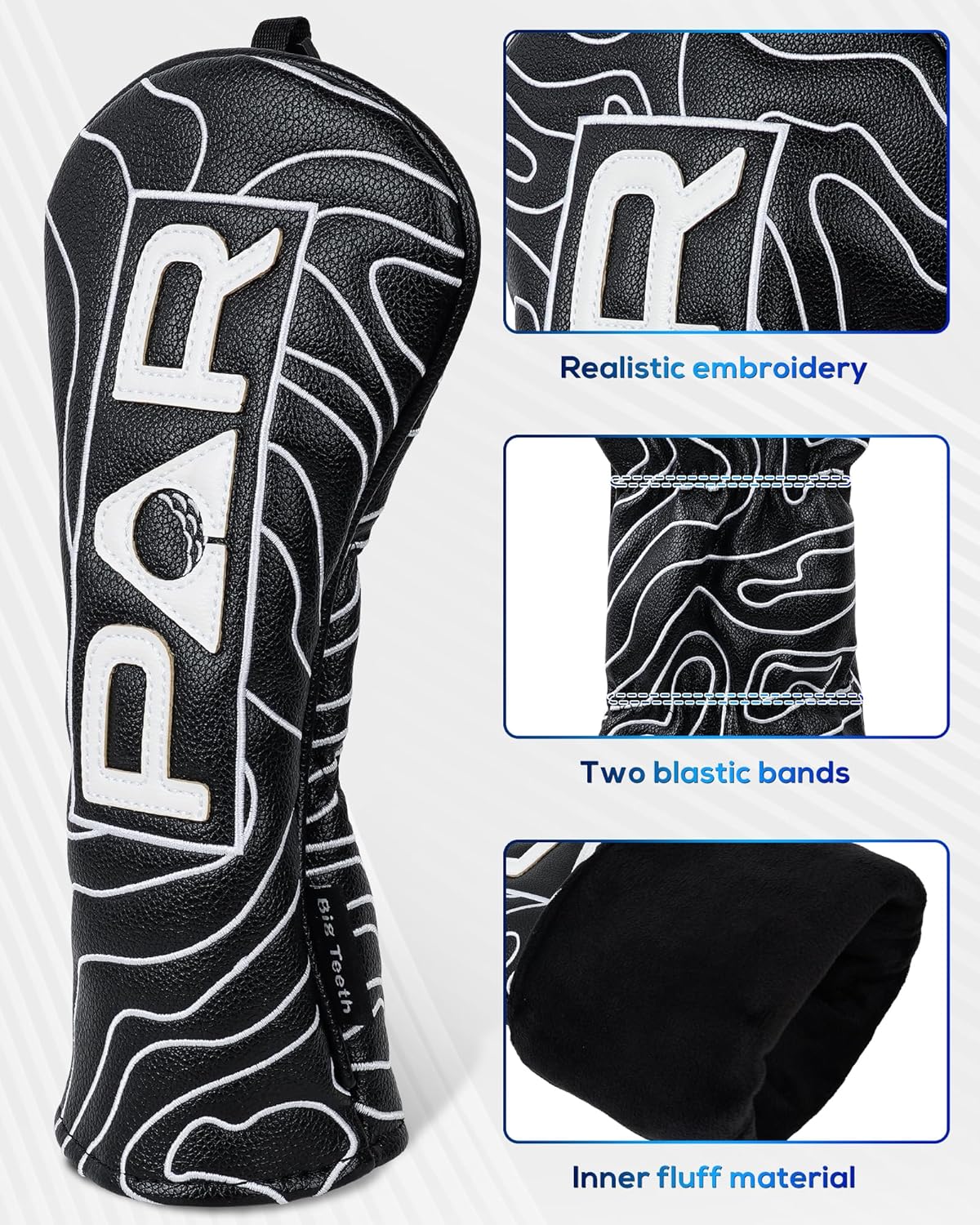 Big Teeth Golf Club Covers Full Set Driver Headcover Fairway Wood Hybrid Golf Club Iron Head Covers, Topographic Edition Putter Cover Leather Golf Head Covers Pure Black, Gifts for Men