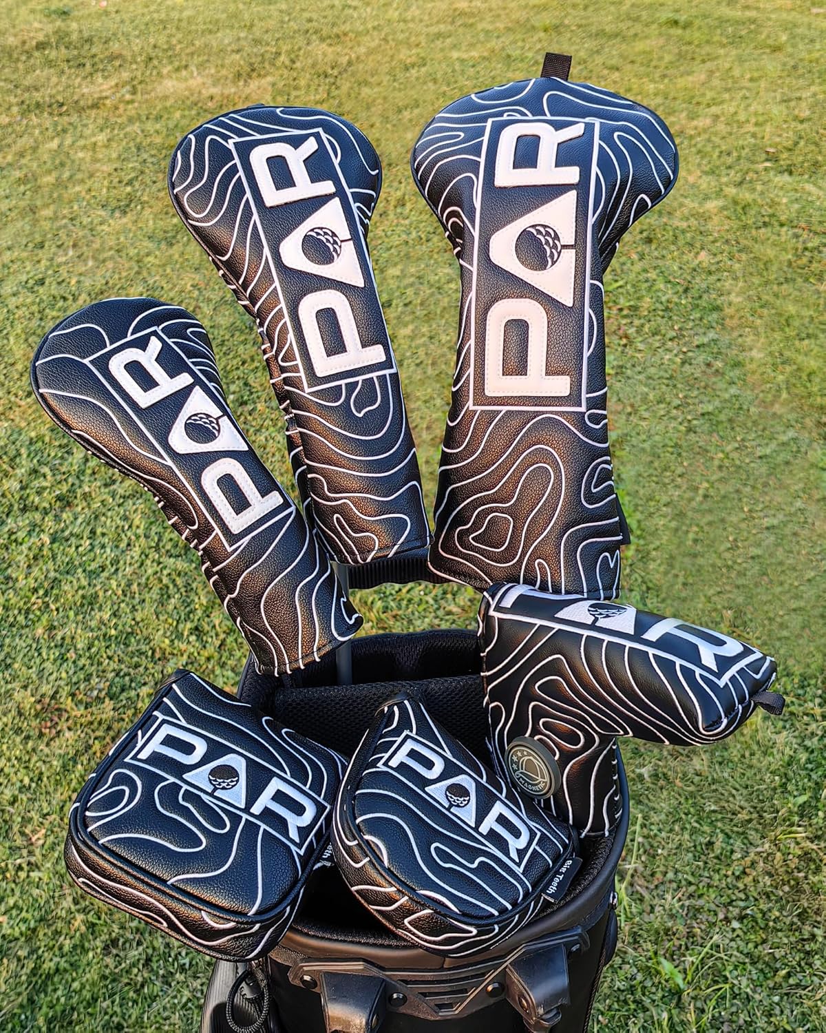 Big Teeth Golf Club Covers Full Set Driver Headcover Fairway Wood Hybrid Golf Club Iron Head Covers, Topographic Edition Putter Cover Leather Golf Head Covers Pure Black, Gifts for Men