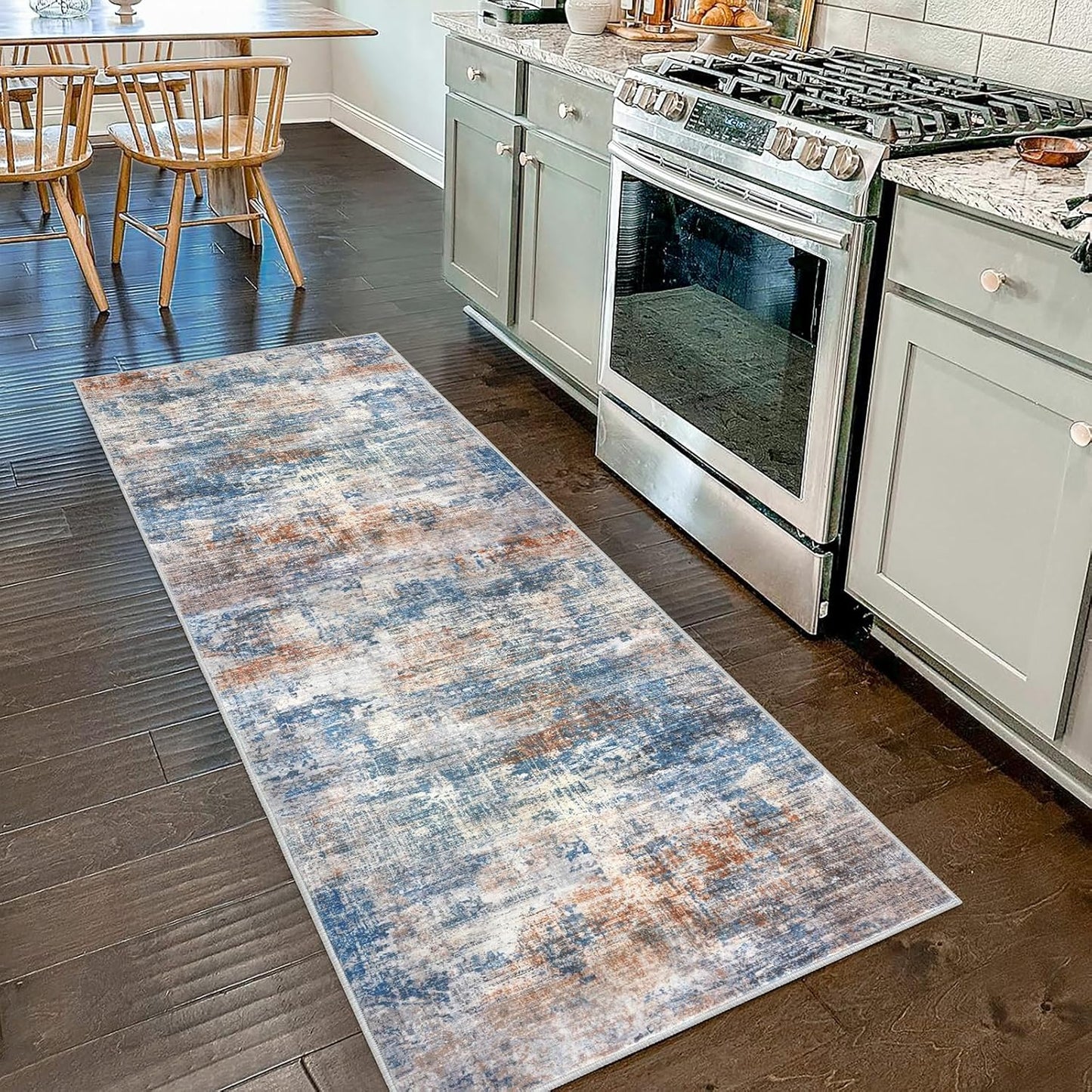 IOHOUZE Abstract Runner Rug 2x7 Ft Washable Runners for Hallways, Non Slip Kitchen Runner Printed Faux Wool Entryway Runners Indoor, Modern Abstract Floor Carpet for Hall Kitchen Bedroom, Blue Rust