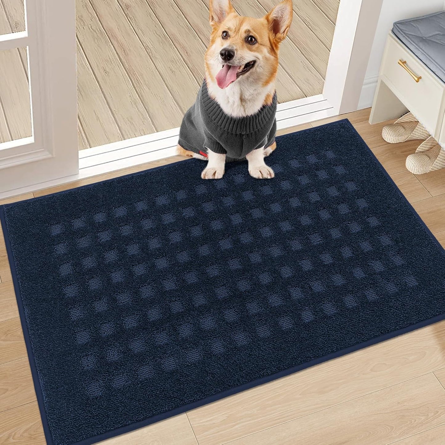 BEQHAUSE Waffle Door Mats Indoor 20"x32", Dog Mat for Muddy Paws Absorbent and Dirt Resist Floor Mats Non-Slip Washable Rugs for Entryway, Welcome Mat for Front Back Door, Muddy Wet Shoes, Navy Blue
