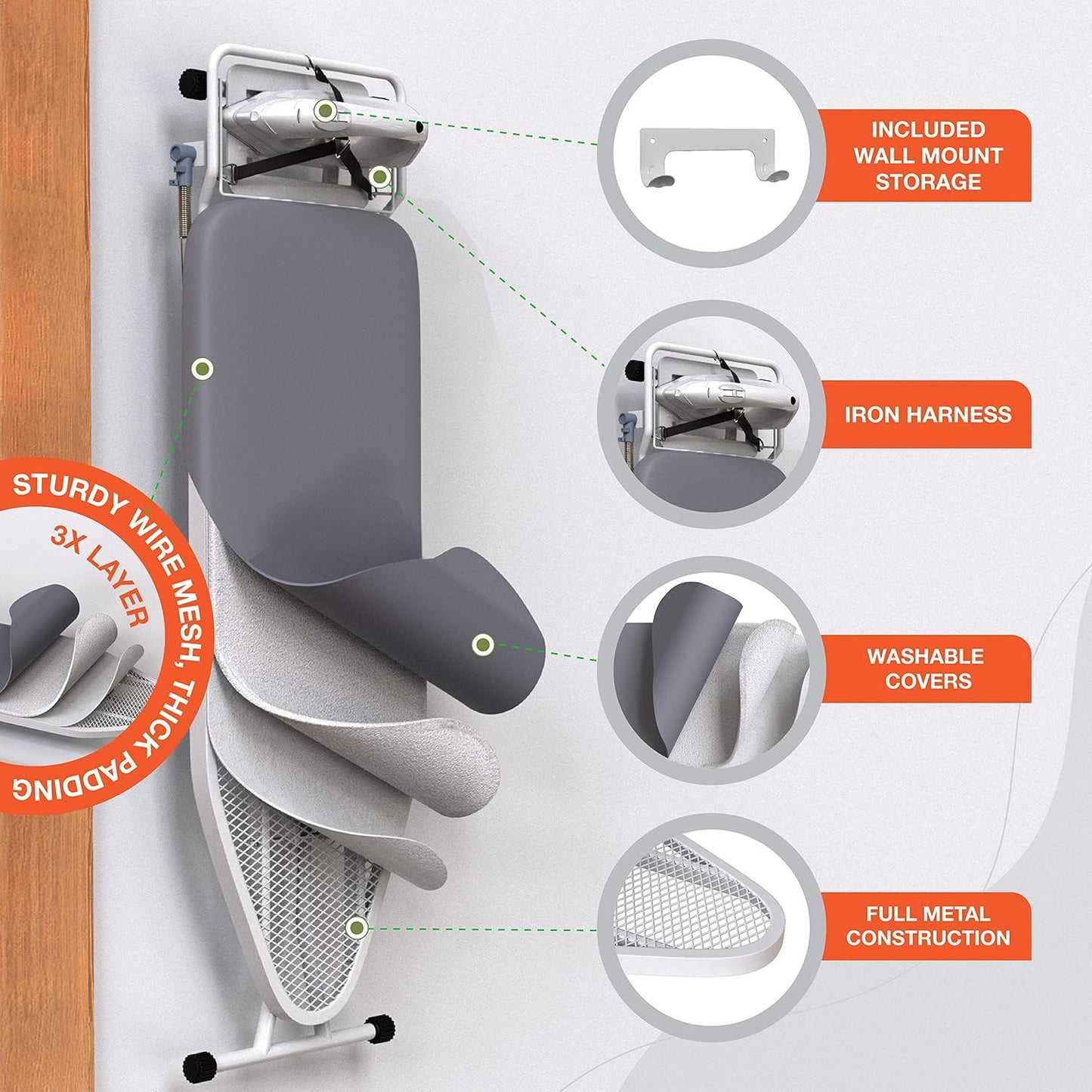 Xabitat Full Size Ironing Board 57" X 15" with Wall Mount Hanger, Full Metal Construction Iron Board, Built in Iron Caddy, Heat & Scorch Resistant Fabric, Cord Holder, Anti-Skid Feet, Heavy Duty