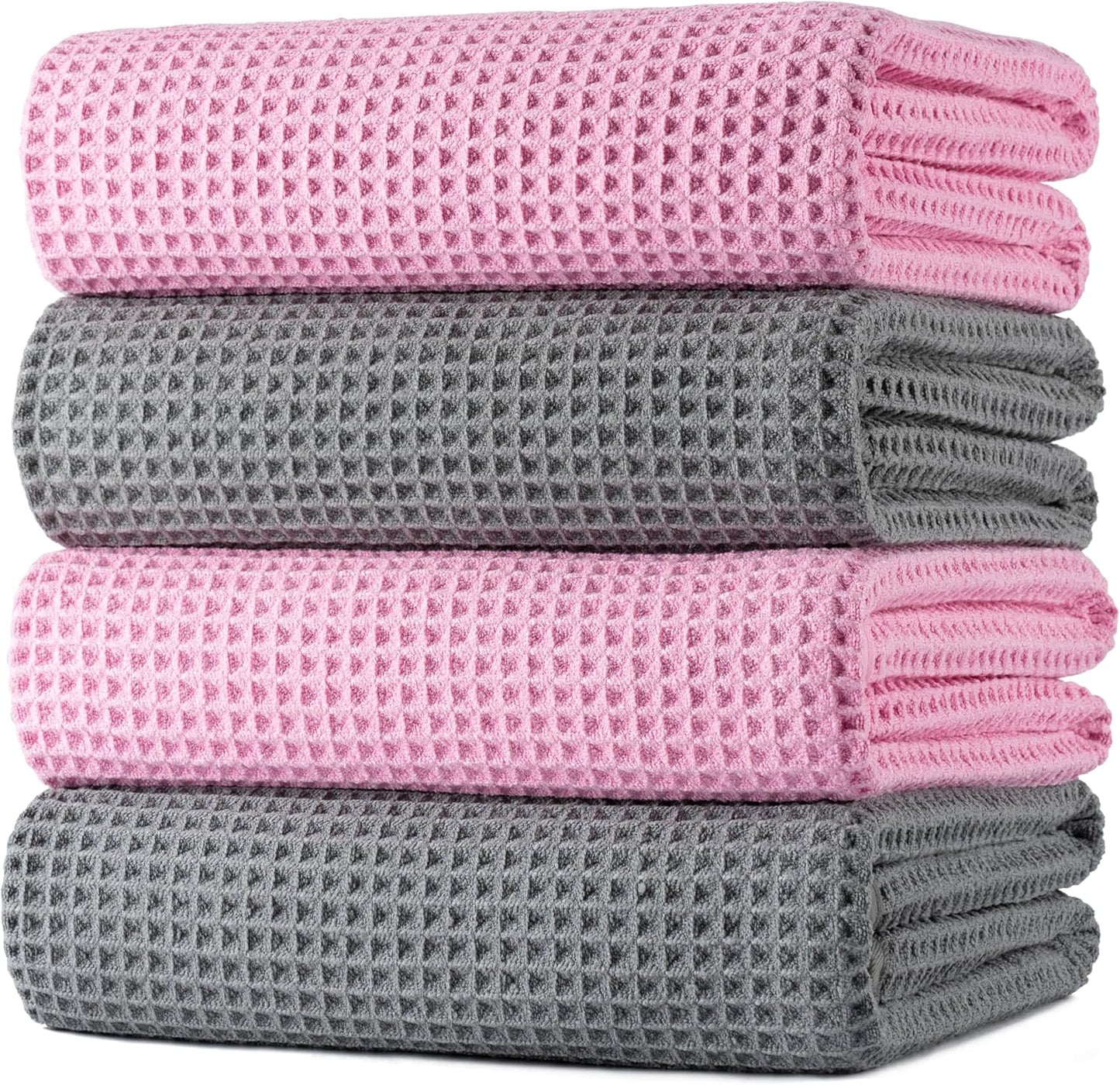 POLYTE Microfiber Oversize Quick Dry Lint Free Bath Towel, 60 x 30 in, 4 Pack (Waffle Weave)