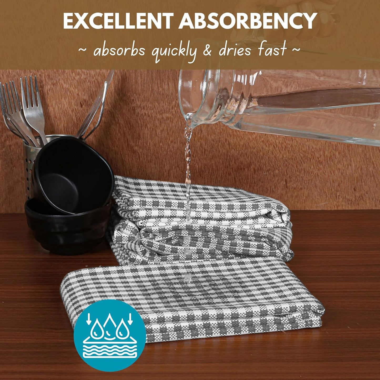 Native Fab 12 Pack Gingham Mini Check Kitchen Dish Towel Cotton Durable Washable 16"x26" - Tea Towels, Soft Absorbent Wash Cloths, Multi Purpose Towels with Hanging Loop - Grey White