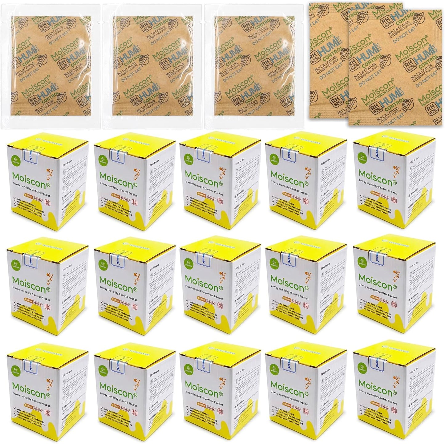 225 Pack 62% RH 8 Gram Two-Way Humidity Control Packs for Storing 1 oz, Size 8 Moisture Control Packets Individually Wrapped