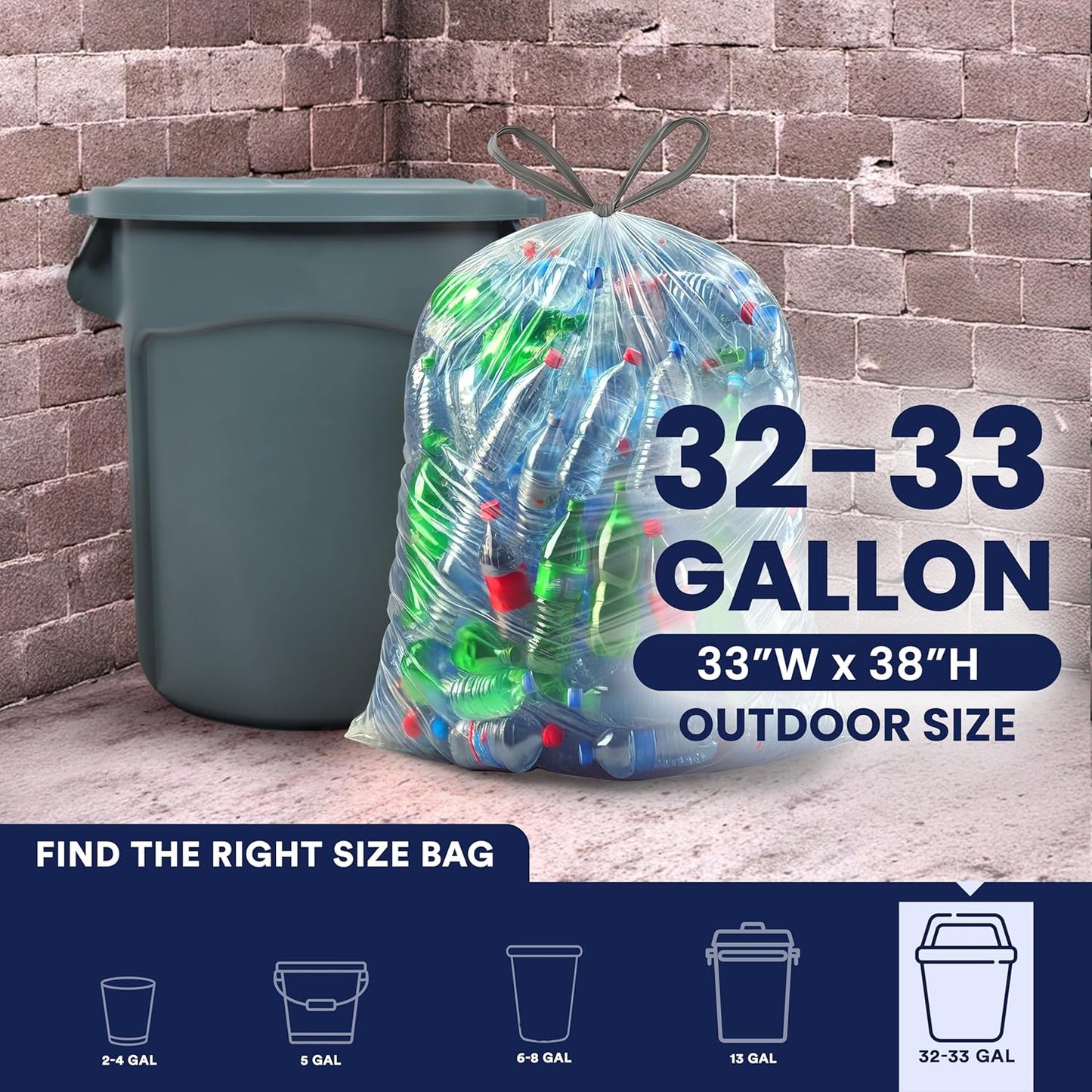 Plasticplace 32-33 Gallon Recycling Bags │ 0.9 Mil │ Clear Drawstring Garbage Can Liners │ 33" x 38" (100 Count)