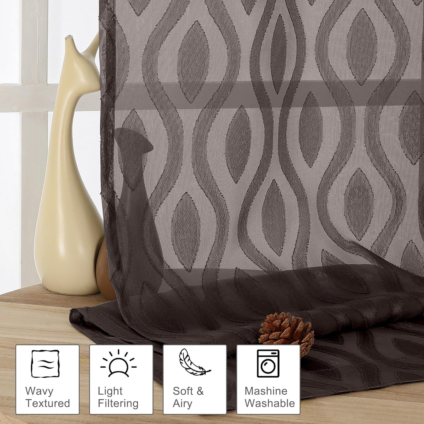 Aiyufeng Sheer Curtains 96 Inches Long for Bedroom and Living Room, 2 Panels, Farmhouse Wavy Line Light Filtering Clip Jacquard Solid, Rod Pocket, Brown, 40" W x 96" L