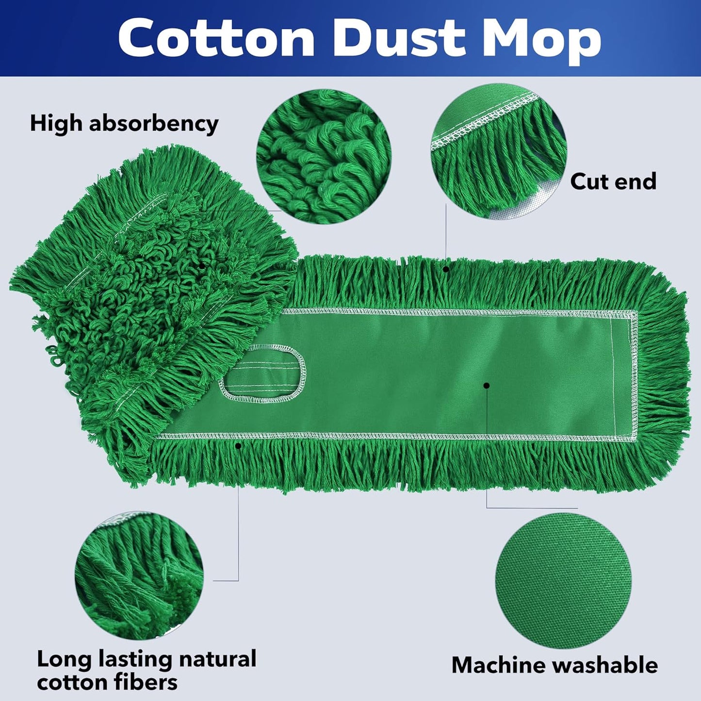 Matthew Cleaning 36'' Industrial Strength Cotton Dust Mop Refill Washable Replacement Heads for Residential & Commercial Use Fit Standard Dust Mop Frames, Hardwood, Concrete Floors Green 6 Pack
