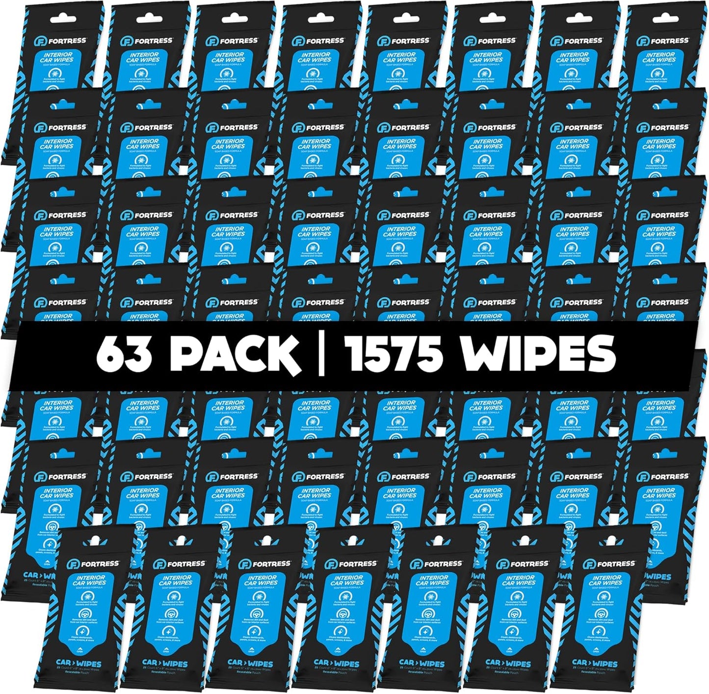Fortress Car Interior Wipes (25 ct, Pack of 63) for Car Interior Cleaning, Dashboard, Seats, Detailing, and Steering Wheel [Travel Size] Skin-Safe Car Interior Cleaner Supplies