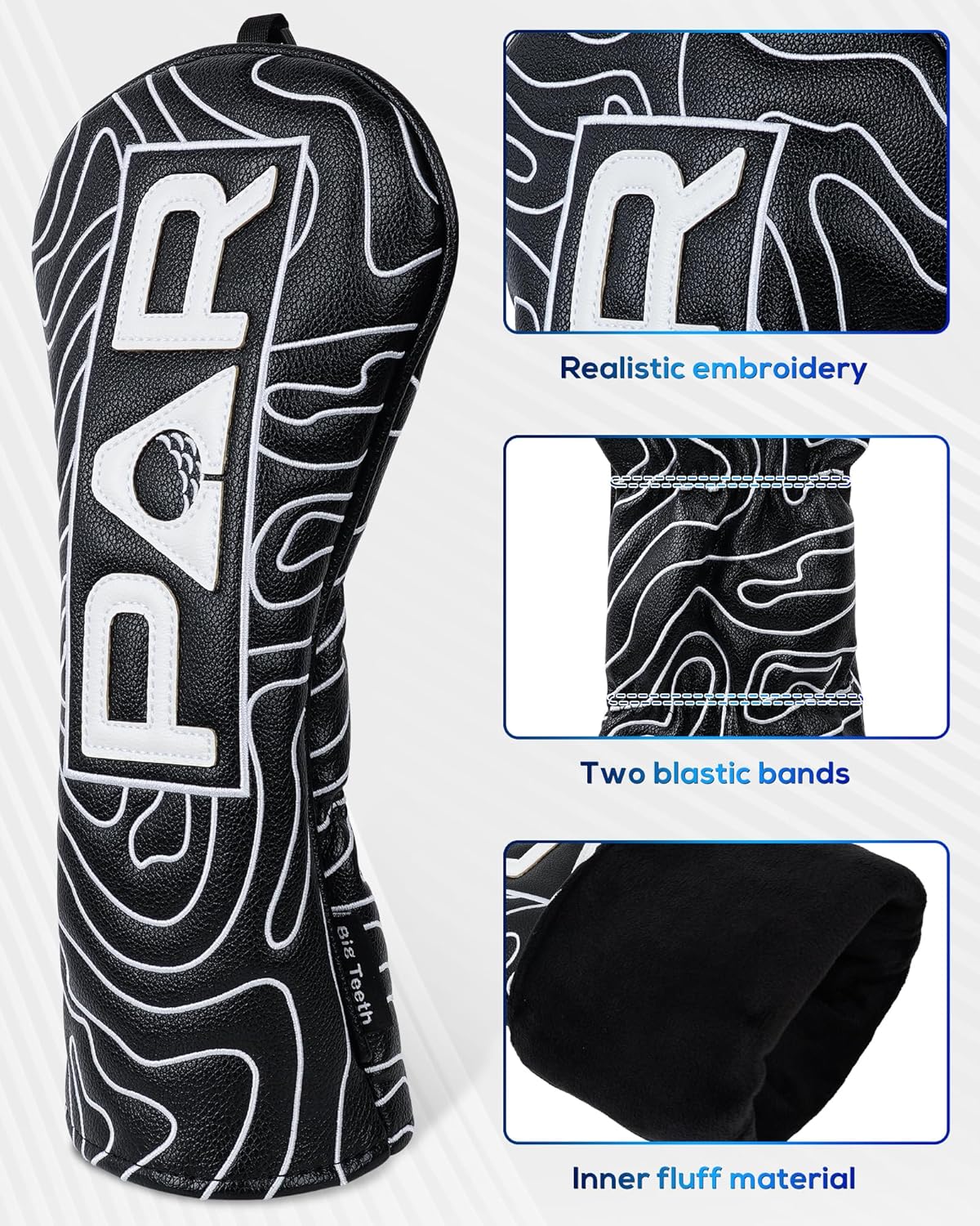 Big Teeth Golf Club Covers Full Set Driver Headcover Fairway Wood Hybrid Golf Club Iron Head Covers, Topographic Edition Putter Cover Leather Golf Head Covers Pure Black, Gifts for Men
