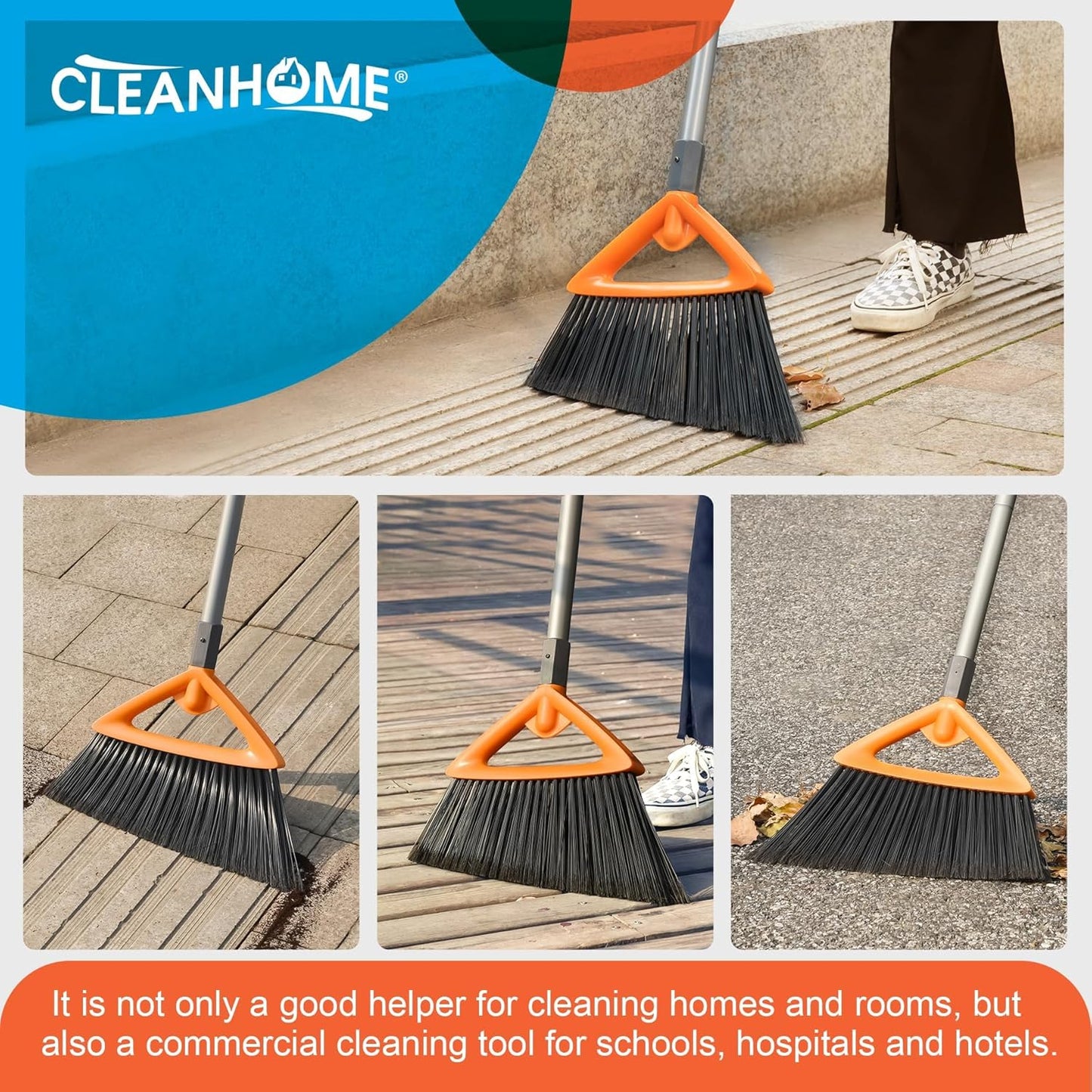 3 Pack Heavy Duty Outdoor Broom with Long Handle for Patio,Lobby,Garden,Kitchen,Deck,Yard,Sweeping -Commercial Grade Angle Broom with Stiff Bristles and Sponge Handle