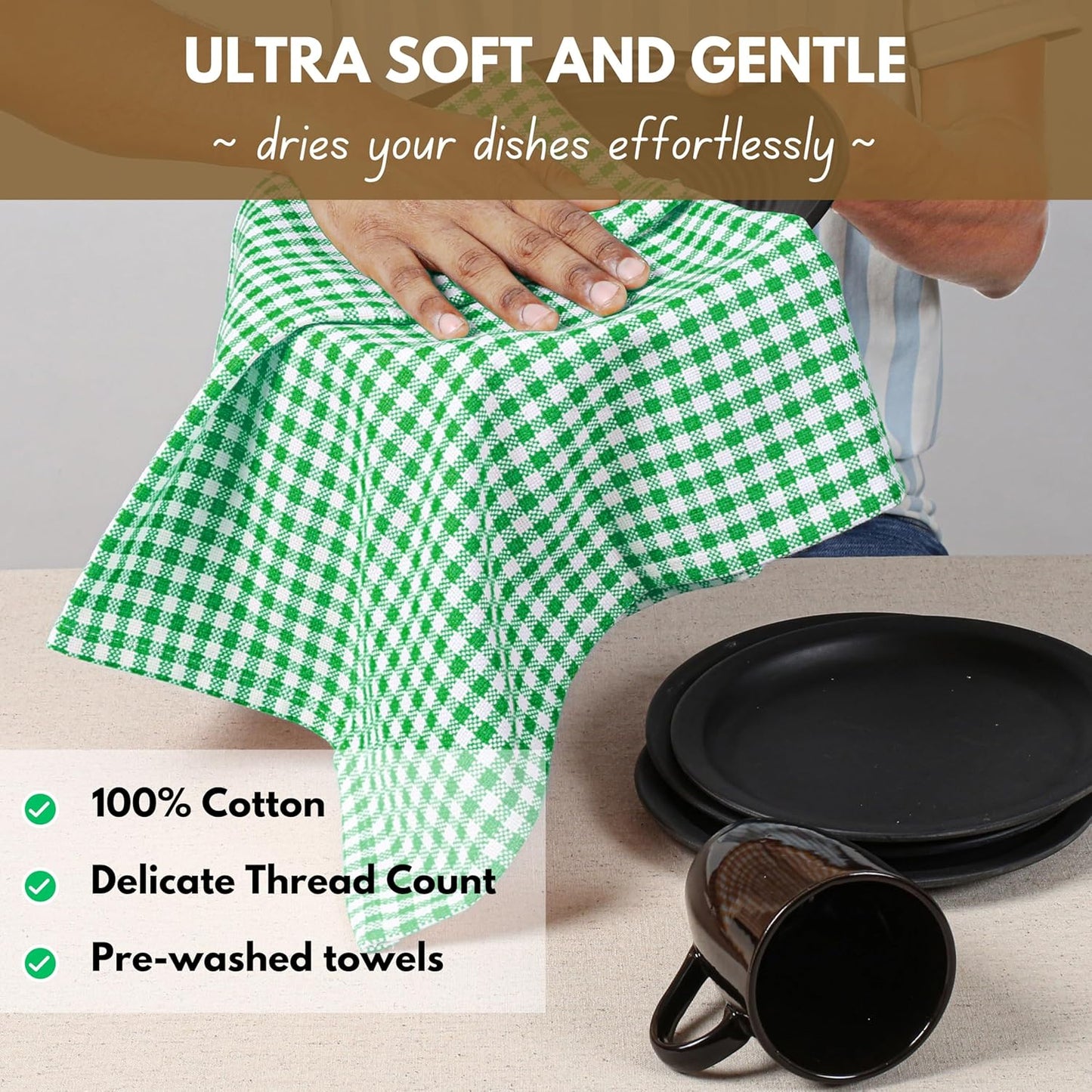 Native Fab 6 Pack Kitchen Towel with Hanging Loop 16x26 inches, Cotton Gingham Check Kitchen Towels for Drying Dishes, Soft & Absorbent Washcloths, Dish Cloth, Green White