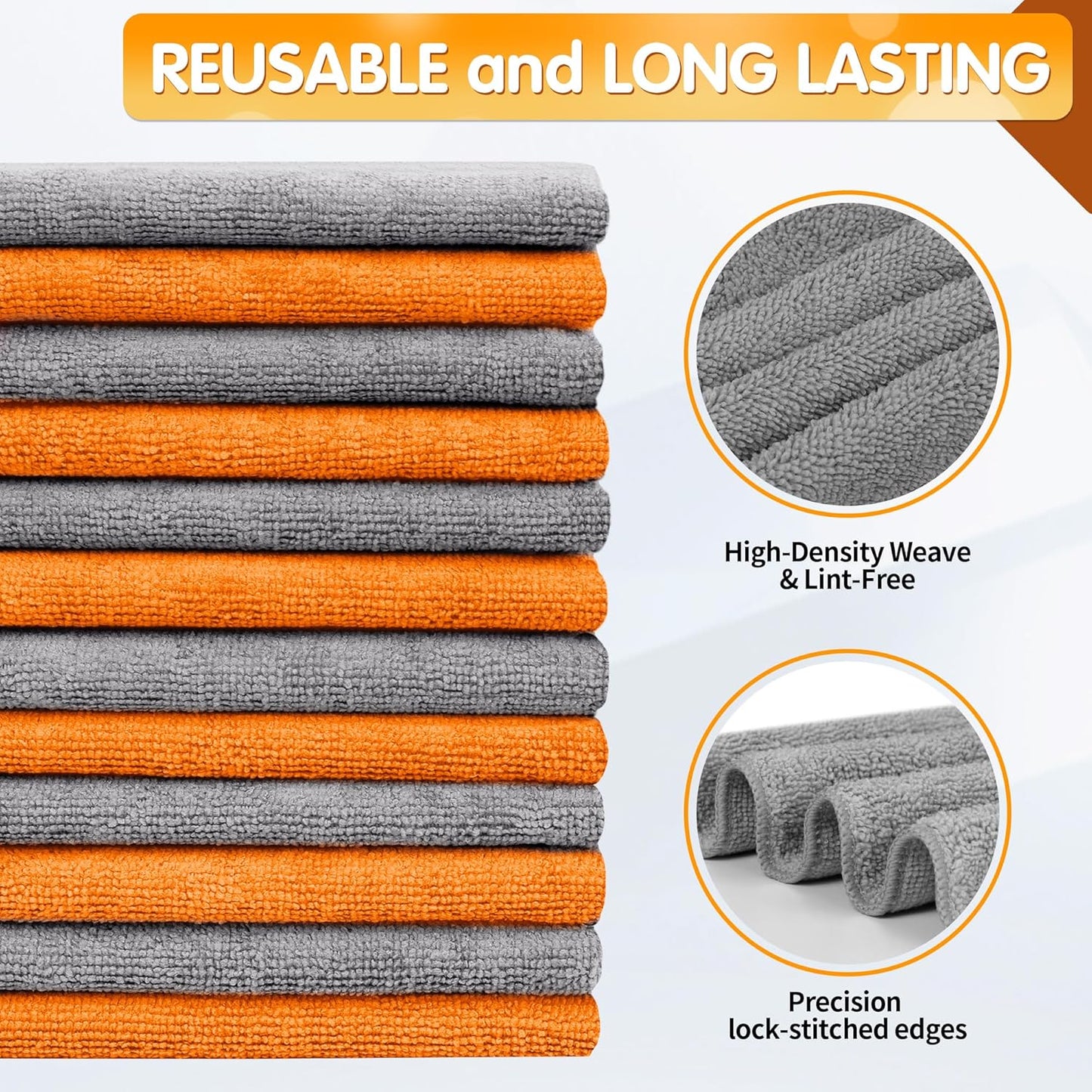 FIXSMITH Microfiber Cleaning Cloth -Pack of 12, Highly Absorbent Cleaning Rags(Grey&Orange), 16"X12" All Purpose Cleaning Towels for Housekeeping, Kitchen, Car, Reusable Microfiber Towels