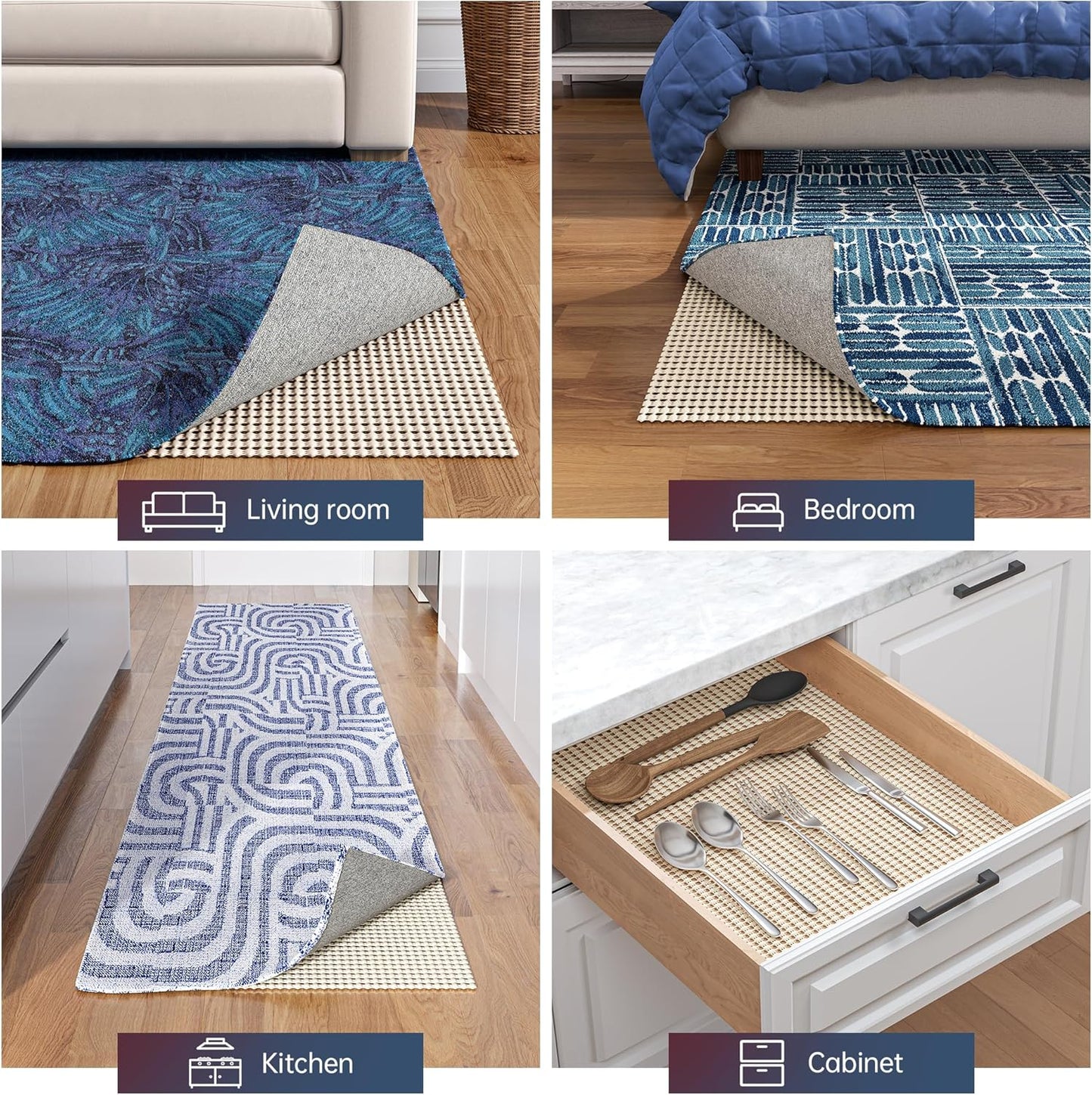 Non-Slip Rug Pad Gripper 9x12 Feet, Anti Skid Mat for Under Area Rugs, Keeps Rugs in Position and Safe, Thick Cushioned Carpet Pad for Hardwood Floors Protection
