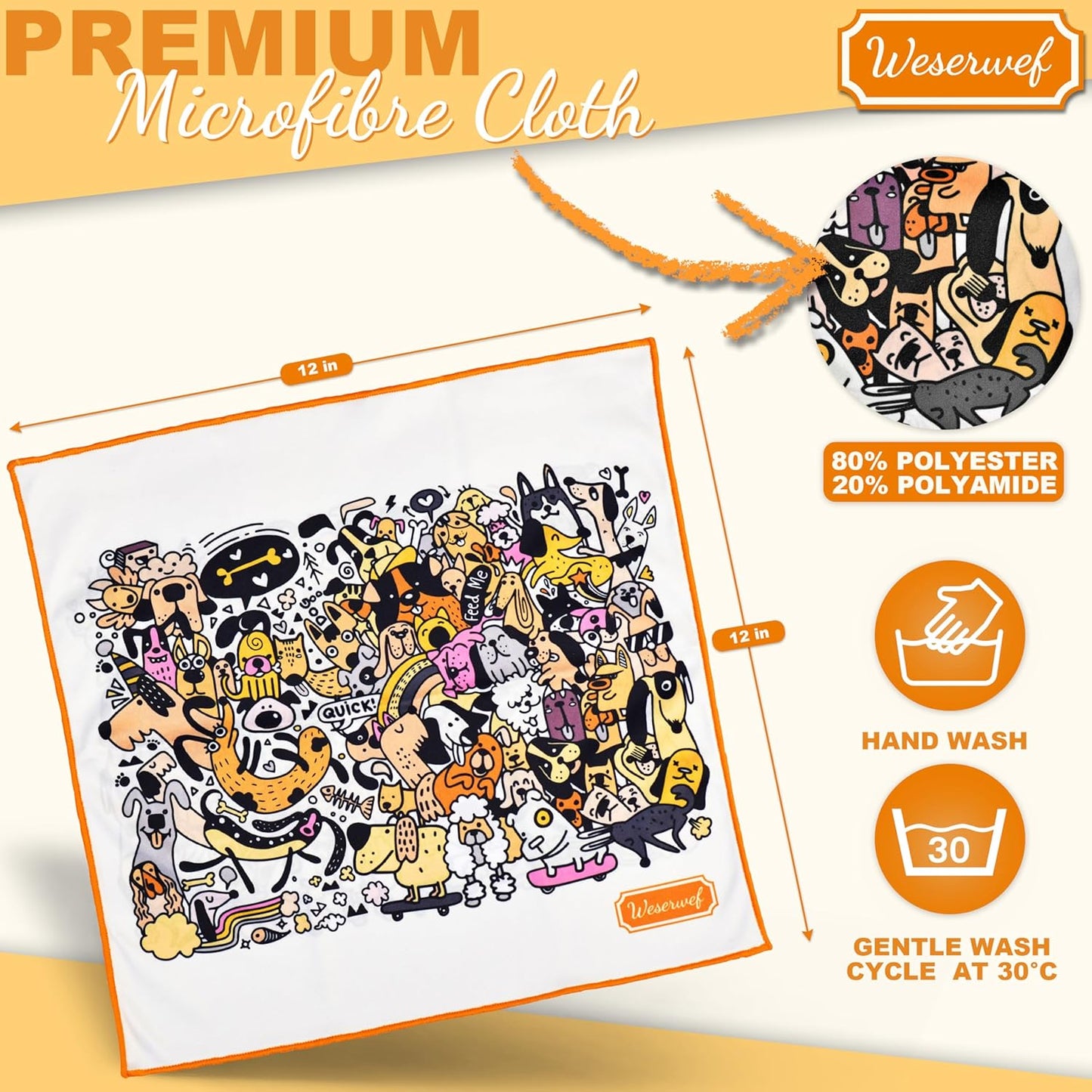 WESERWEF Design Microfiber Glasses Cleaning Cloth – Premium Cleaning Cloth for Eyeglasses, Screens, Tablets, Cameras & Lenses, 12" x 12", Ultra-Soft & Scratch-Free (Funny Dogs)