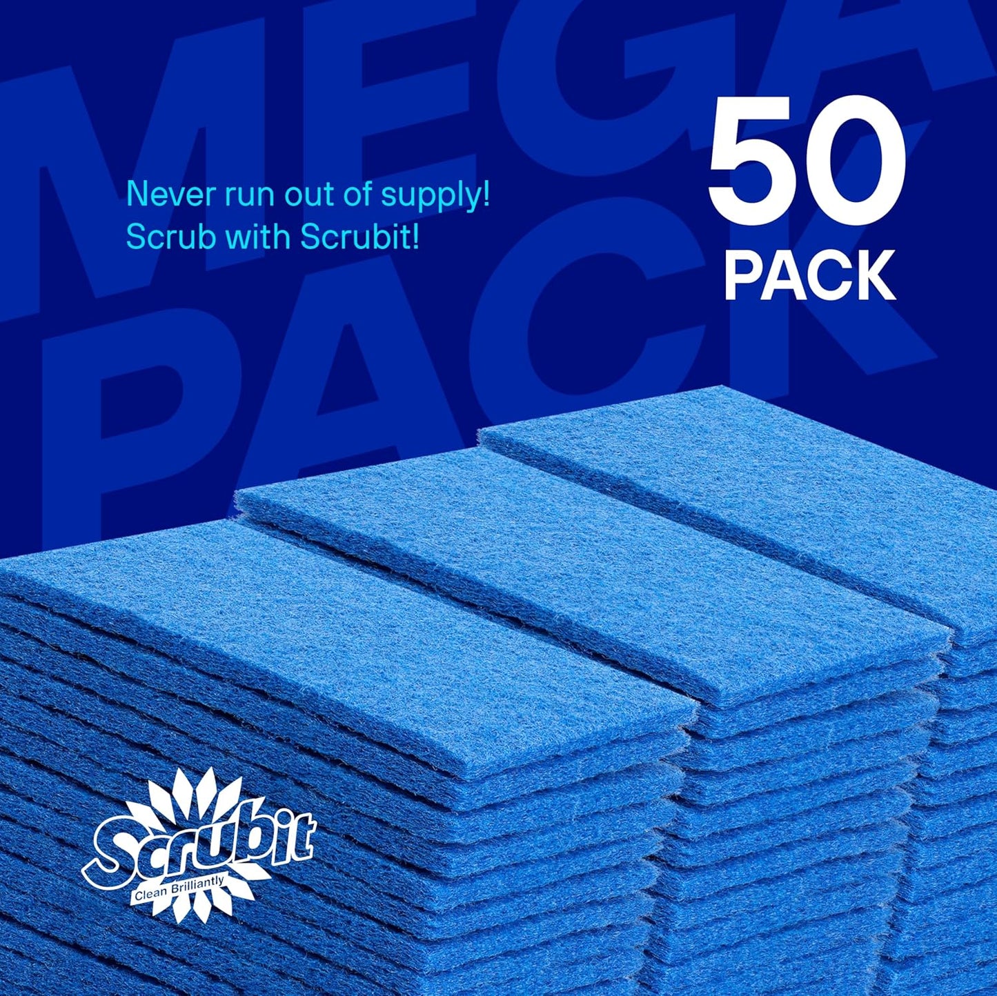 SCRUBIT 50 Pack Scouring Pad - Heavy Duty Scrub Pads for Cleaning Dishes - Non-Scratch Reusable Scrubbing - Blue