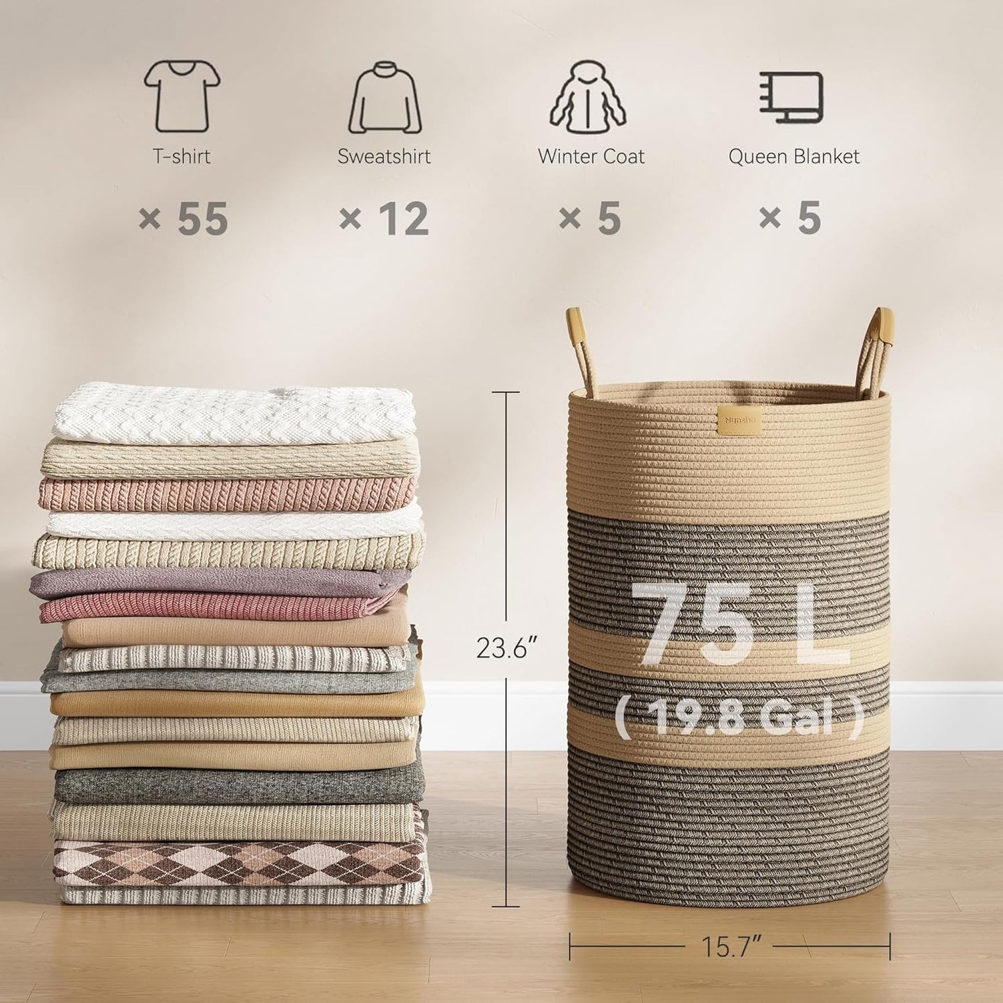 75L Striped Laundry Hamper with Leather Handles,Large Foldable Laundry Basket for Clothes,Cotton Rope Storage Bin for Blankets,Woven Clothes Basket for Bedroom,Dark Brown Stripes