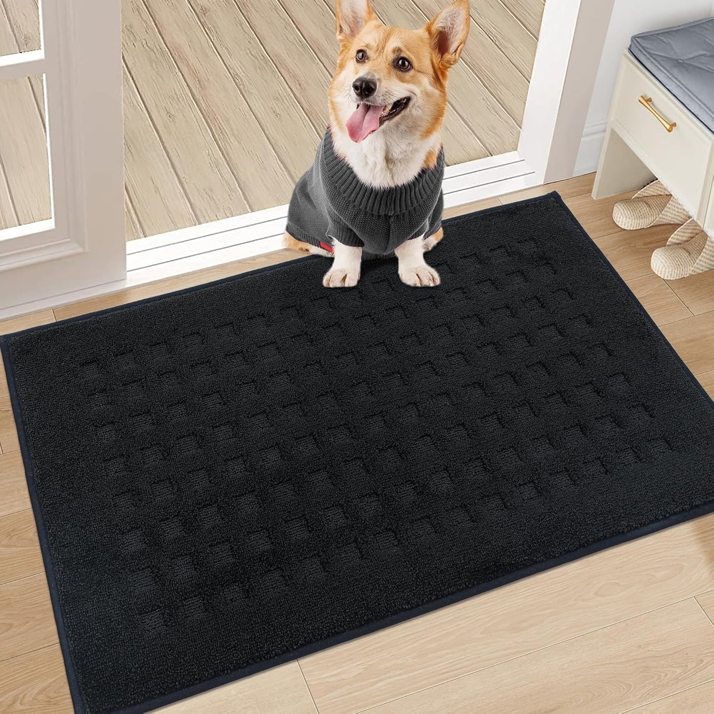BEQHAUSE Waffle Door Mats Indoor 20"x32", Dog Mat for Muddy Paws Absorbent and Dirt Resist Floor Mats Non-Slip Washable Rugs for Entryway, Welcome Mat for Front Back Door, Muddy Wet Shoes, Black