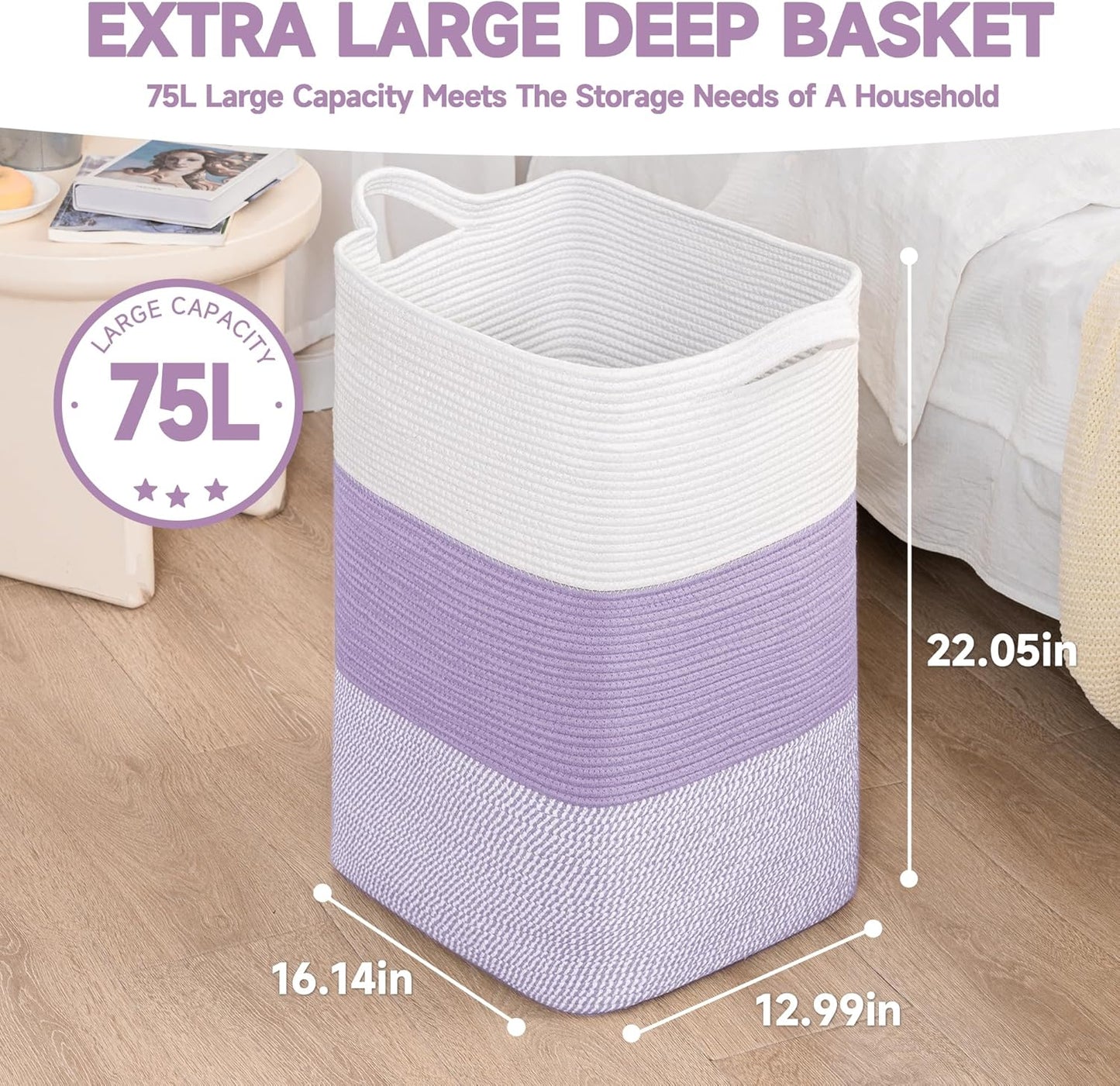 CLHMILY&Z 75L Laundry Basket Rectangular Lavender Rope - 16x13x22 Inches - Dirty Clothes and Soft Storage Bin for Blankets, Toys, and Nursery Essentials