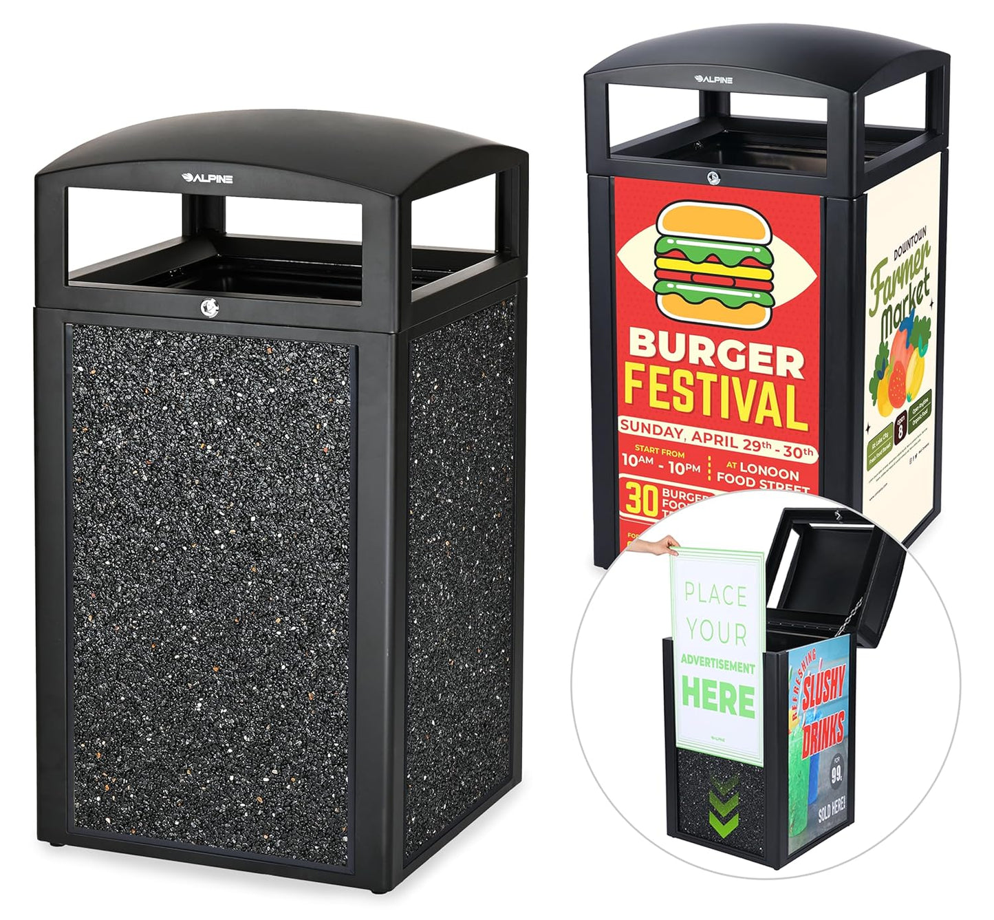 Alpine Outdoor Commercial Trash Can with Lid - 40 Gallon Heavy Duty Metal Garbage Can with Advertising Panels, Removable Bin, Locking Lid for a Modern Look in Pool, Park, Mall (Grey Stones)