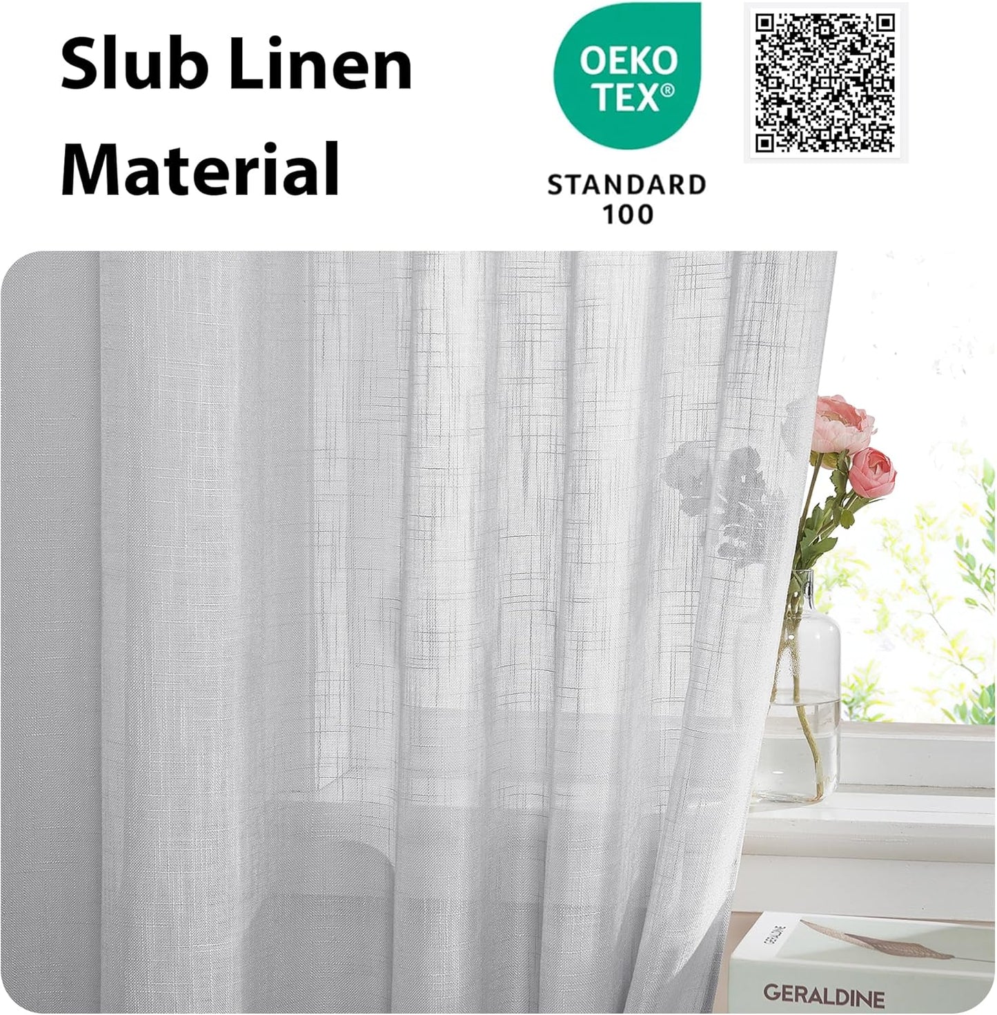 NICETOWN Linen Door Curtains 40 Inches Long, Dual Rod Pocket Semi Sheer Sidelight French Door Curtains for Kitchen Glass with Tieback for Privacy Protection, W26 x L40, 1 Panel, Light Grey
