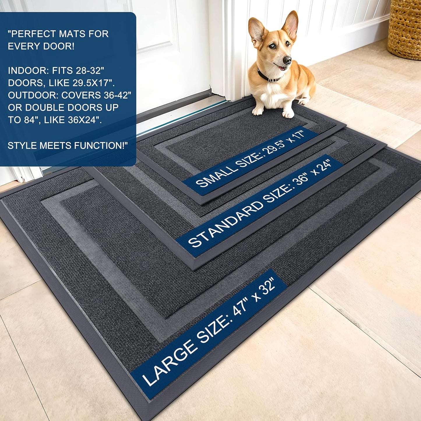 OLANLY Front Door Mat Indoor Outdoor Entrance, Waterproof All-Season, All-Weather Doormat, Sturdy Natural Rubber, Fade Resistant, Low Profile, Easy Clean Patio Porch Entryway Mat, 59x30, Grey