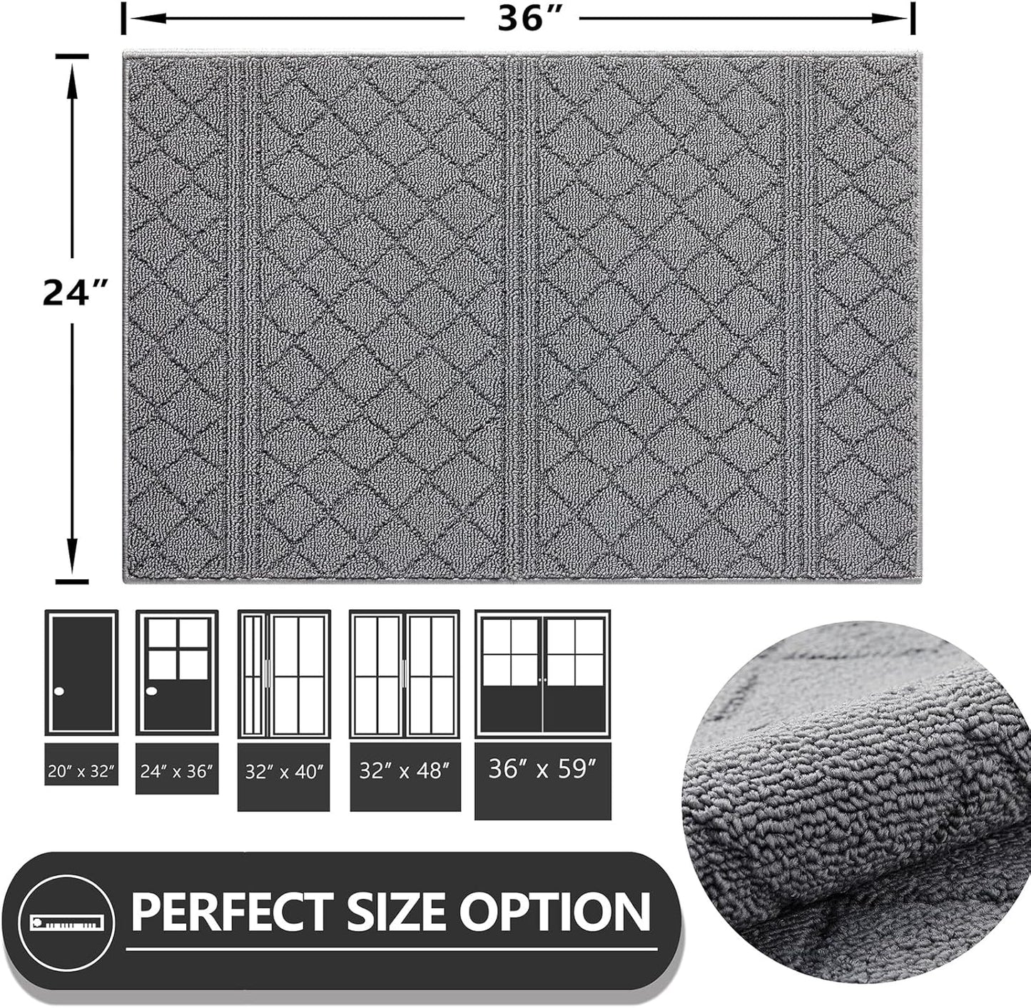REFETONE Indoor Doormat, Front Back Door Mat 24"x36" Absorbent Rubber Backing Non Slip Door Mats, Low-Profile Resist Dirt Entrance Rugs, Machine Washable Door Rug Inside Floor Mat for Entryway, Grey