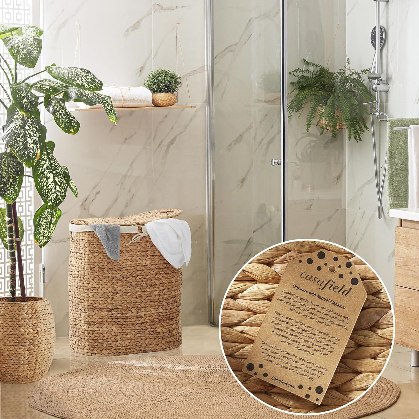 Casafield Oval Laundry Hamper with Lids and Removable Liner Bags - Natural, Woven Water Hyacinth 2-Section Laundry Basket Sorter for Clothes and Towels