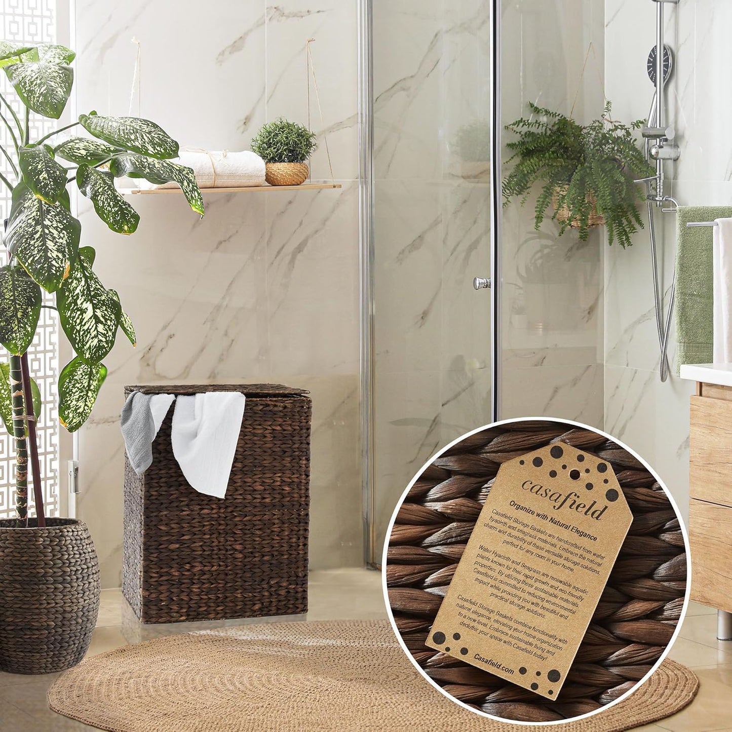 Casafield Large Laundry Hamper with Lid and Removable Liner Bag - Espresso, Woven Water Hyacinth Rectangular Laundry Basket Sorter for Clothes and Towels