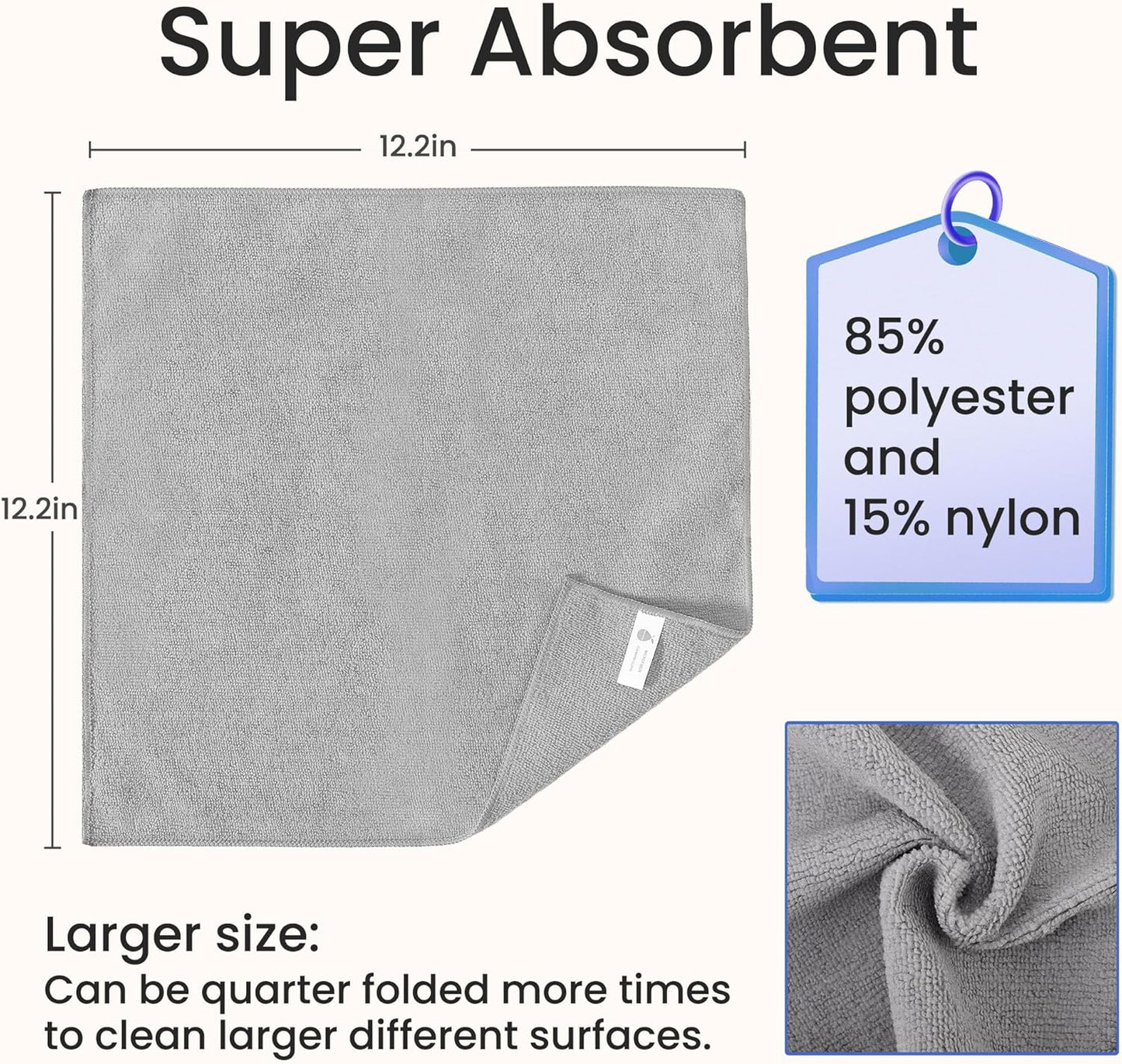 Microfiber Cleaning Cloths - 12 Pack, Grey, 12.2" x 12.2", Lint-Free, Streak-Free, Absorbent, Multi-Purpose, Heavy-Duty, Durable, Easy to Clean