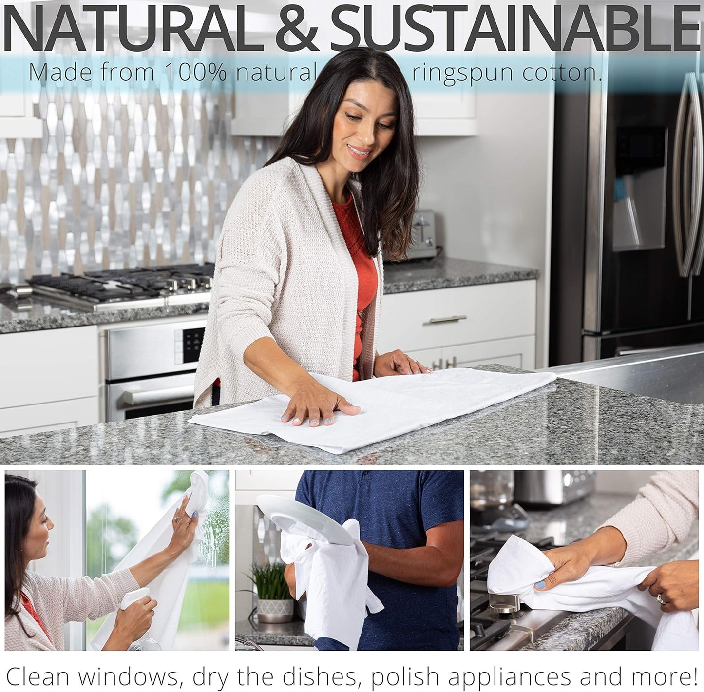 Aunti Em's Kitchen Flour Sack Dish Towels - Natural Cotton for Embroidery and Drying Glass, Hand, Dinnerware - Plain, Thick, Zero-Lint, Highly Absorbent - Set of 12, 27 x 27 Inch, Steel Grey